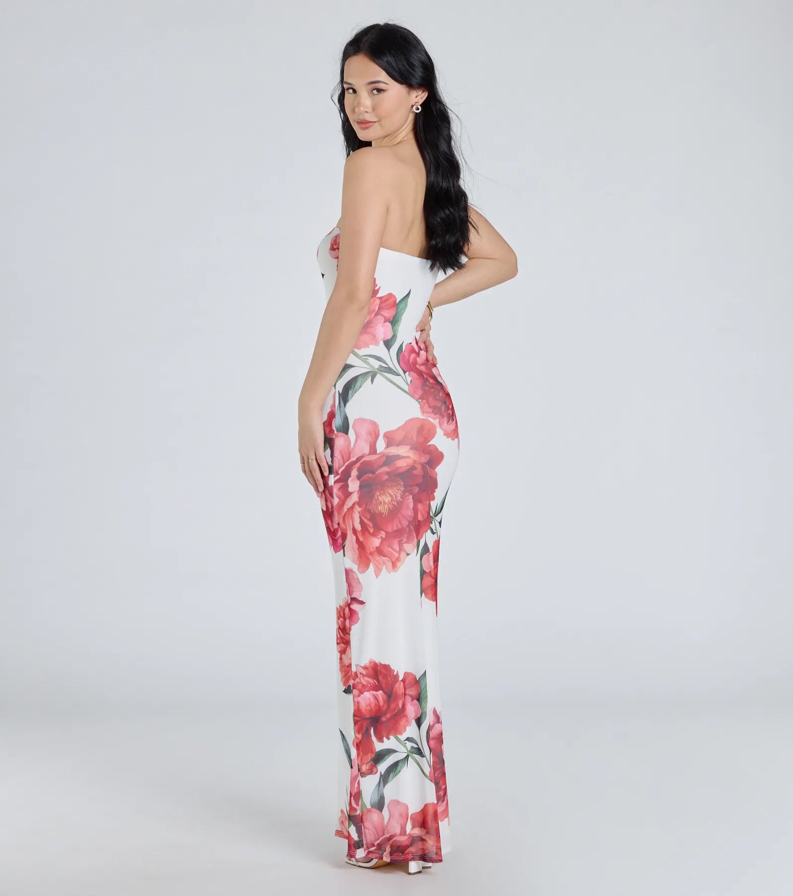 Ultimate Bold Stunner Floral Mesh Strapless Maxi Dress