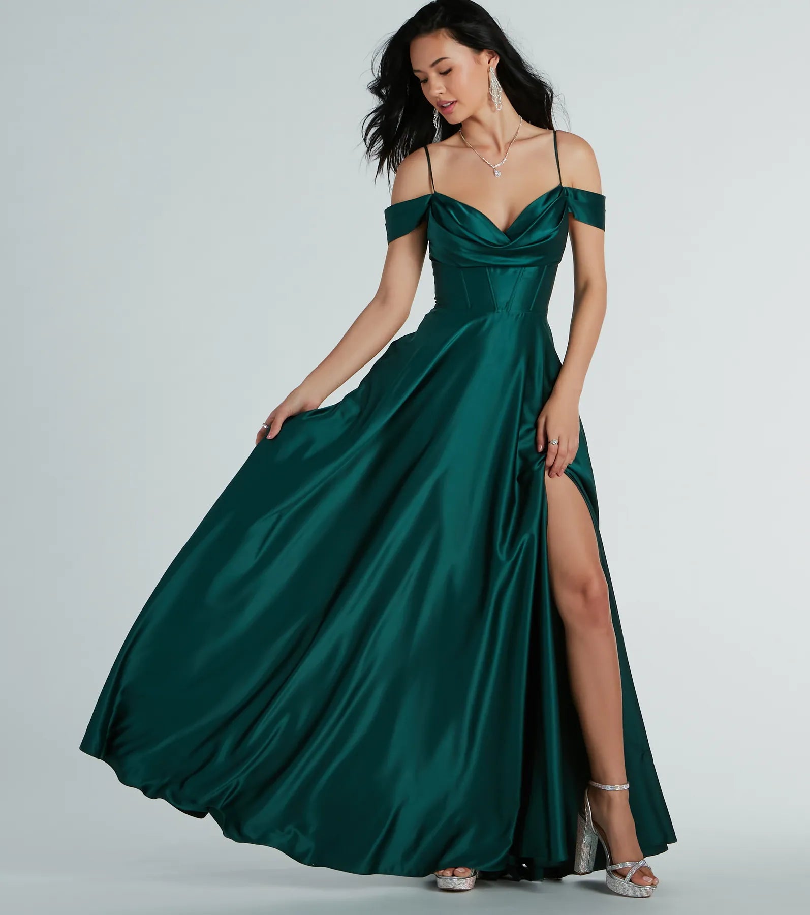 Premium Alira Satin Cold Shoulder A-Line Gown