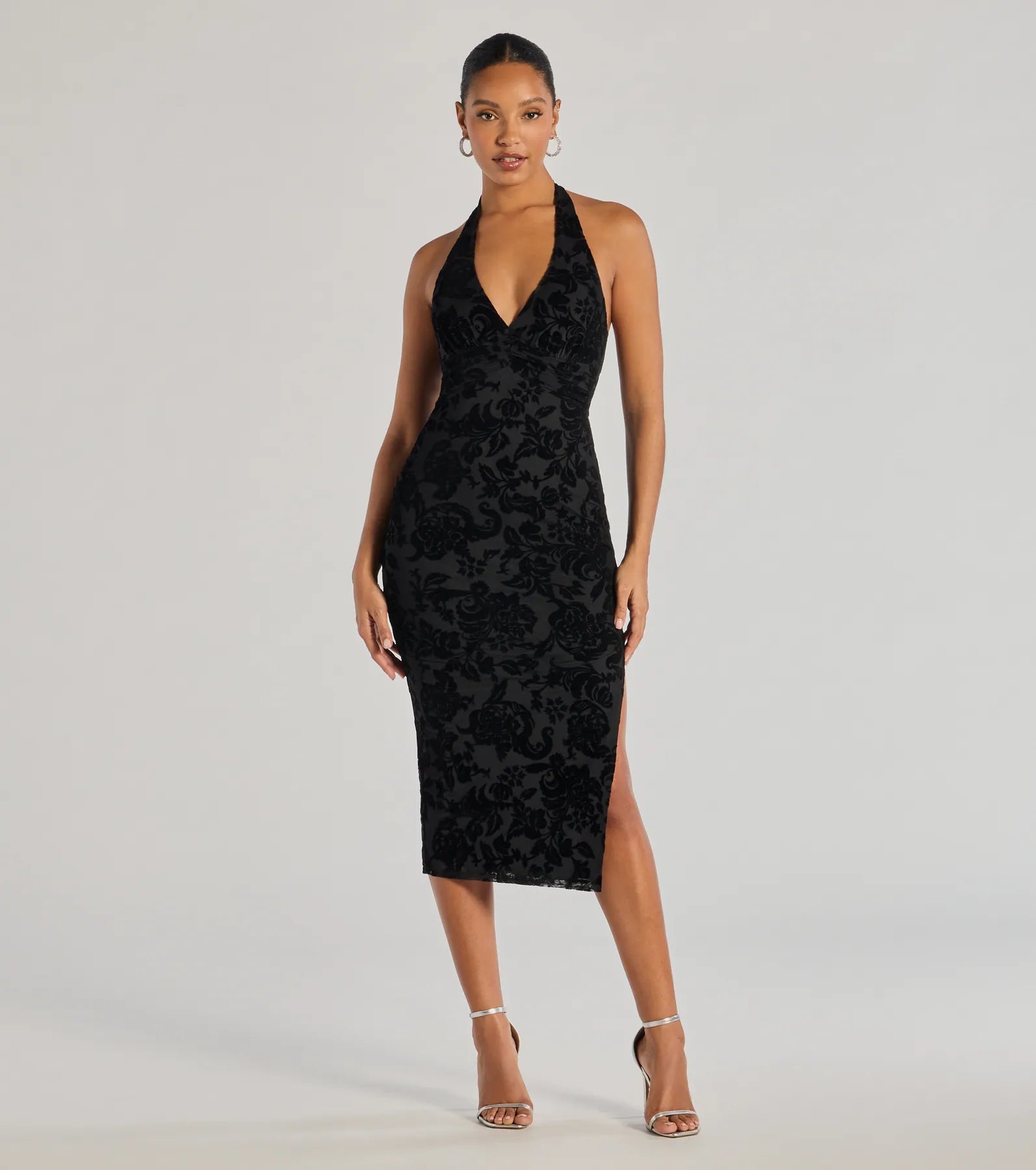 Premium Elegance Flocked Velvet Halter Midi Dress