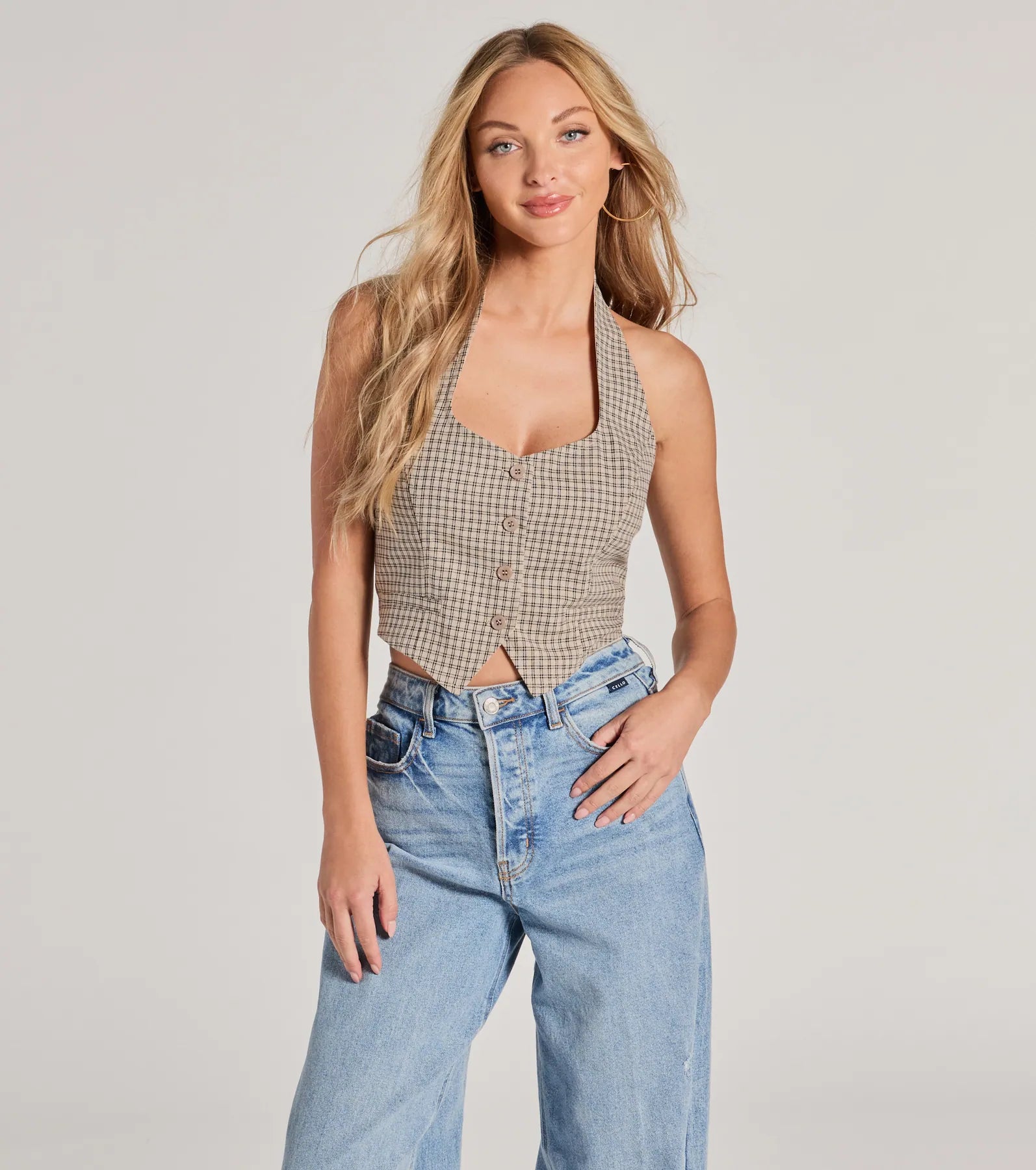 Premium Linen Cropped Vest - Timeless Plaid Style