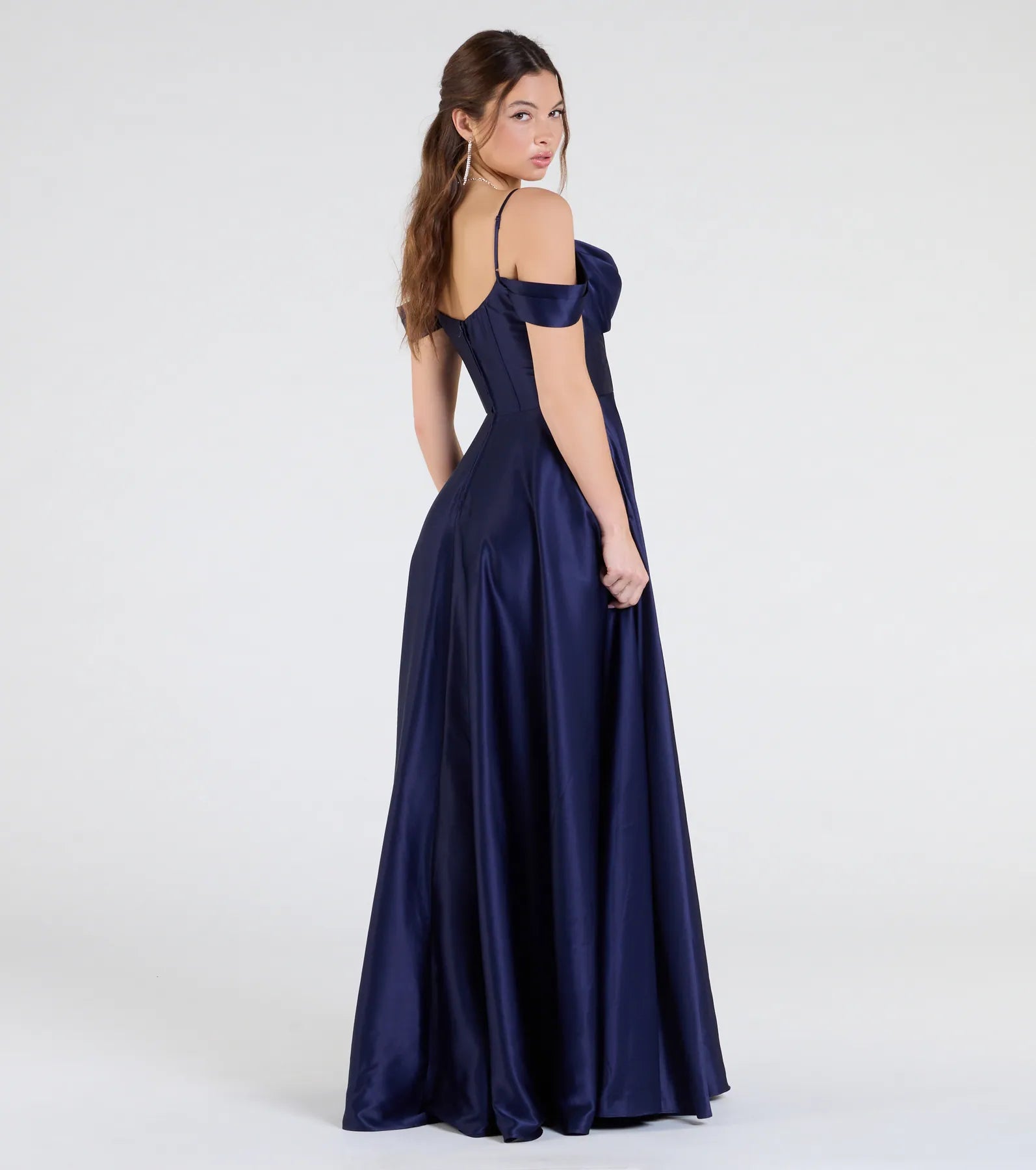 Premium Alira Satin Cold Shoulder A-Line Gown