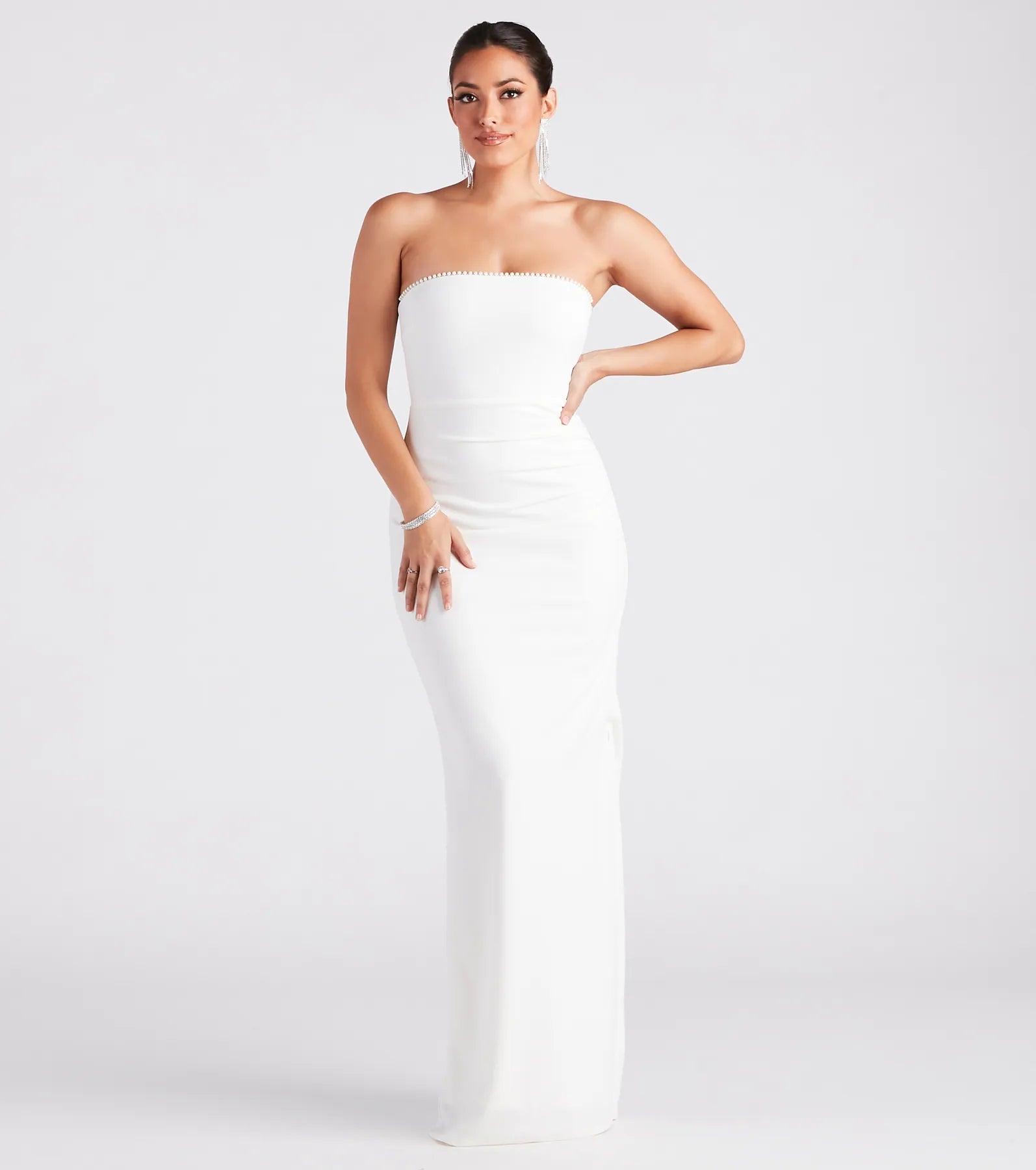 Premium Carla Strapless Crepe Dress with Faux Pearl Elegance