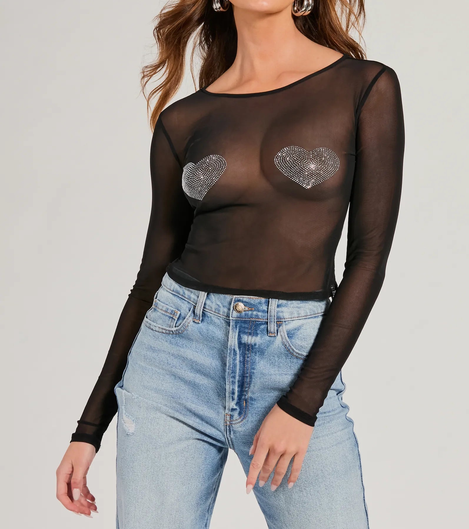 Ultimate Flirt Alert Rhinestone Heart Sheer Mesh Crop Top