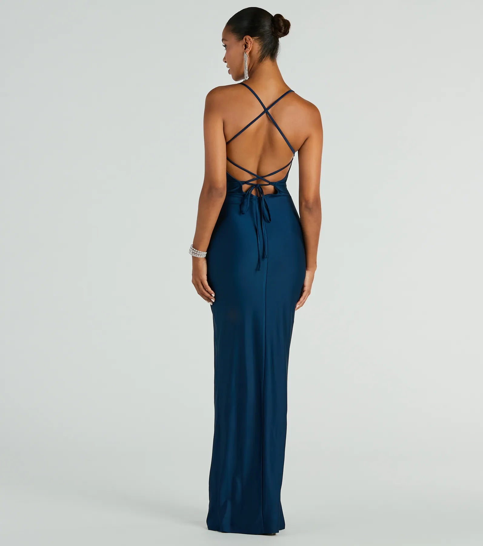 Ultimate Elegance: Natalie Cowl Neck Lace-Up Slit Column Dress