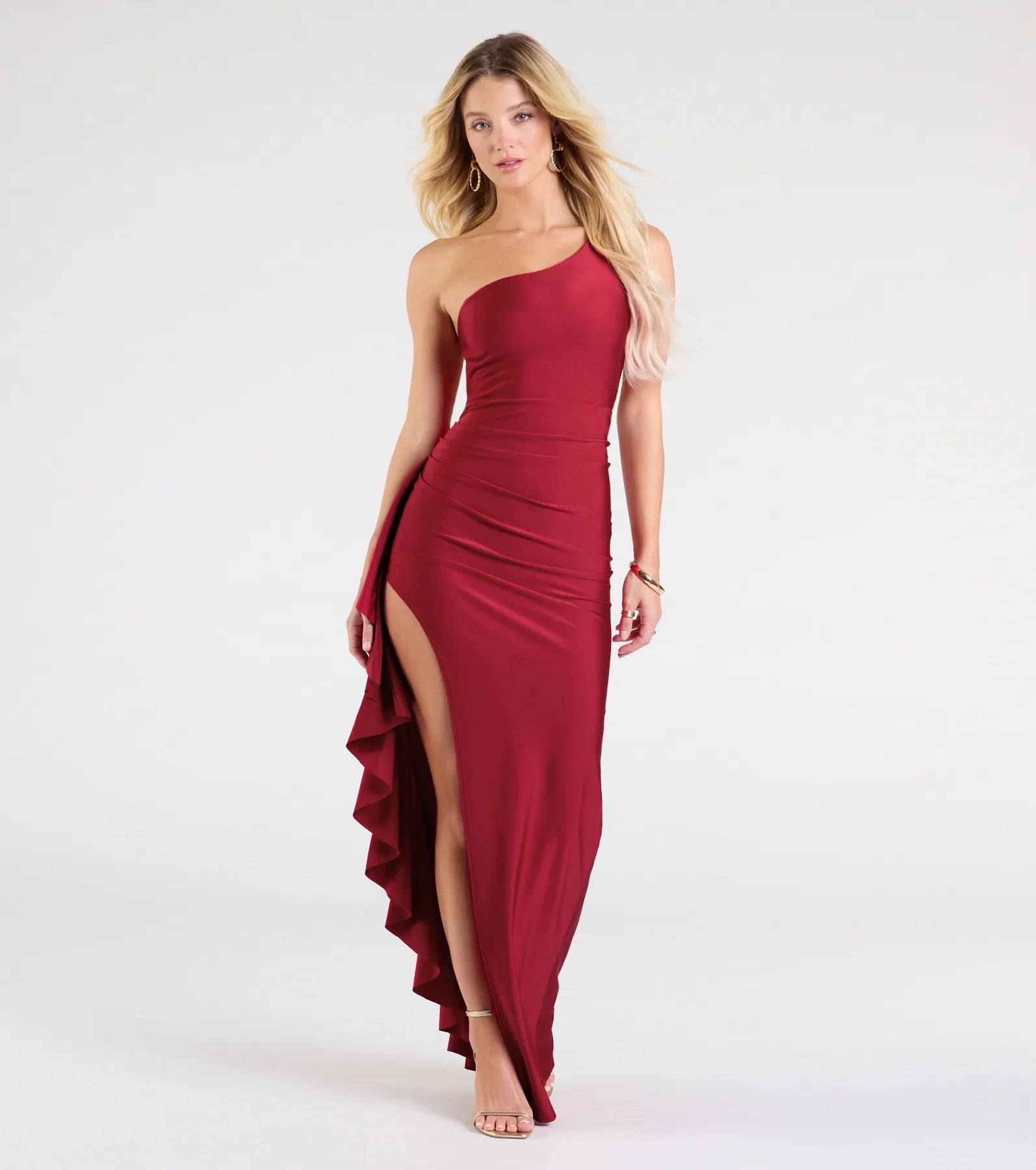 Premium Isabella One-Shoulder Ruffle Slit Evening Gown