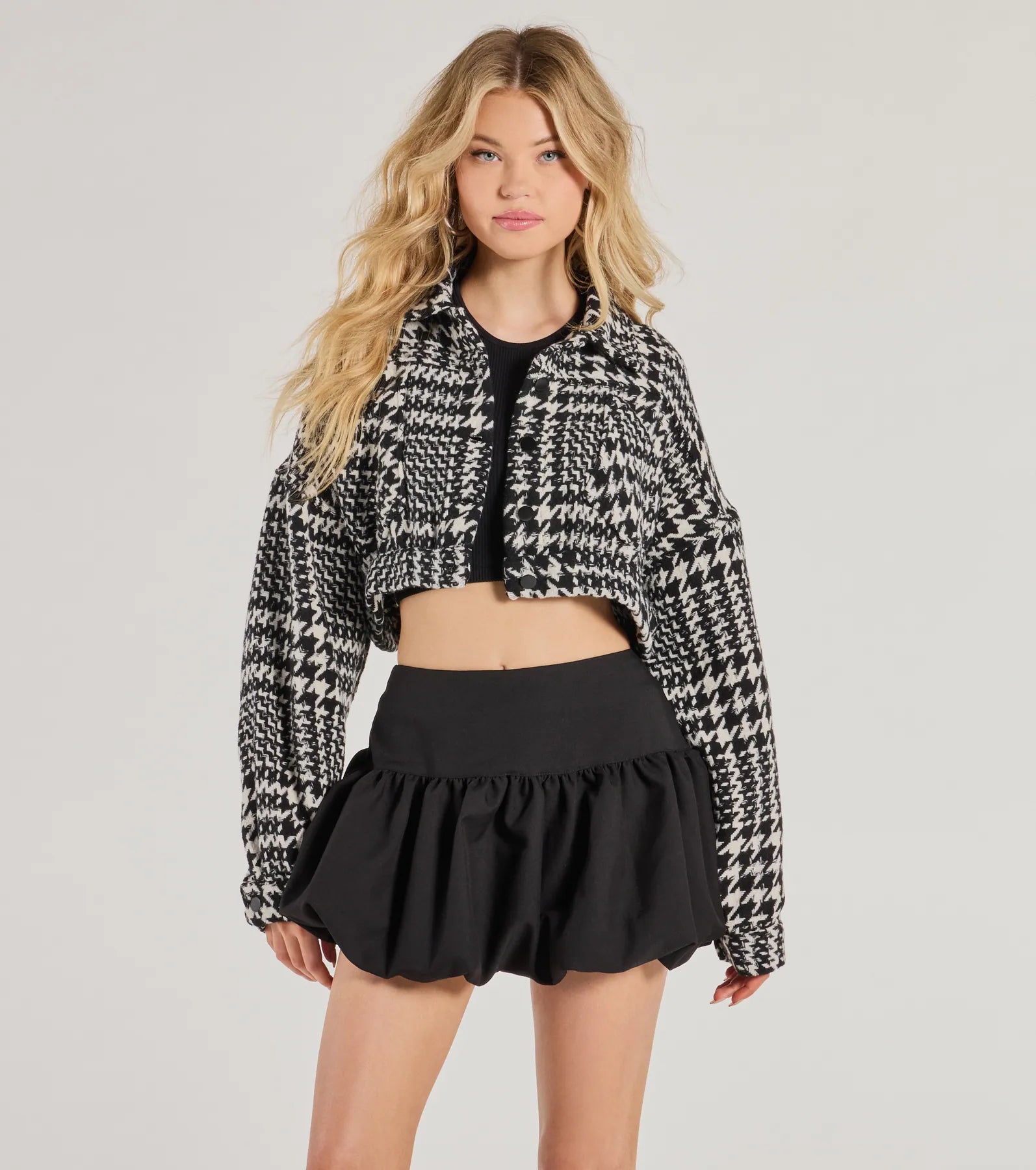 Premium Houndstooth Cropped Shacket - Ultimate Casual Chic Style