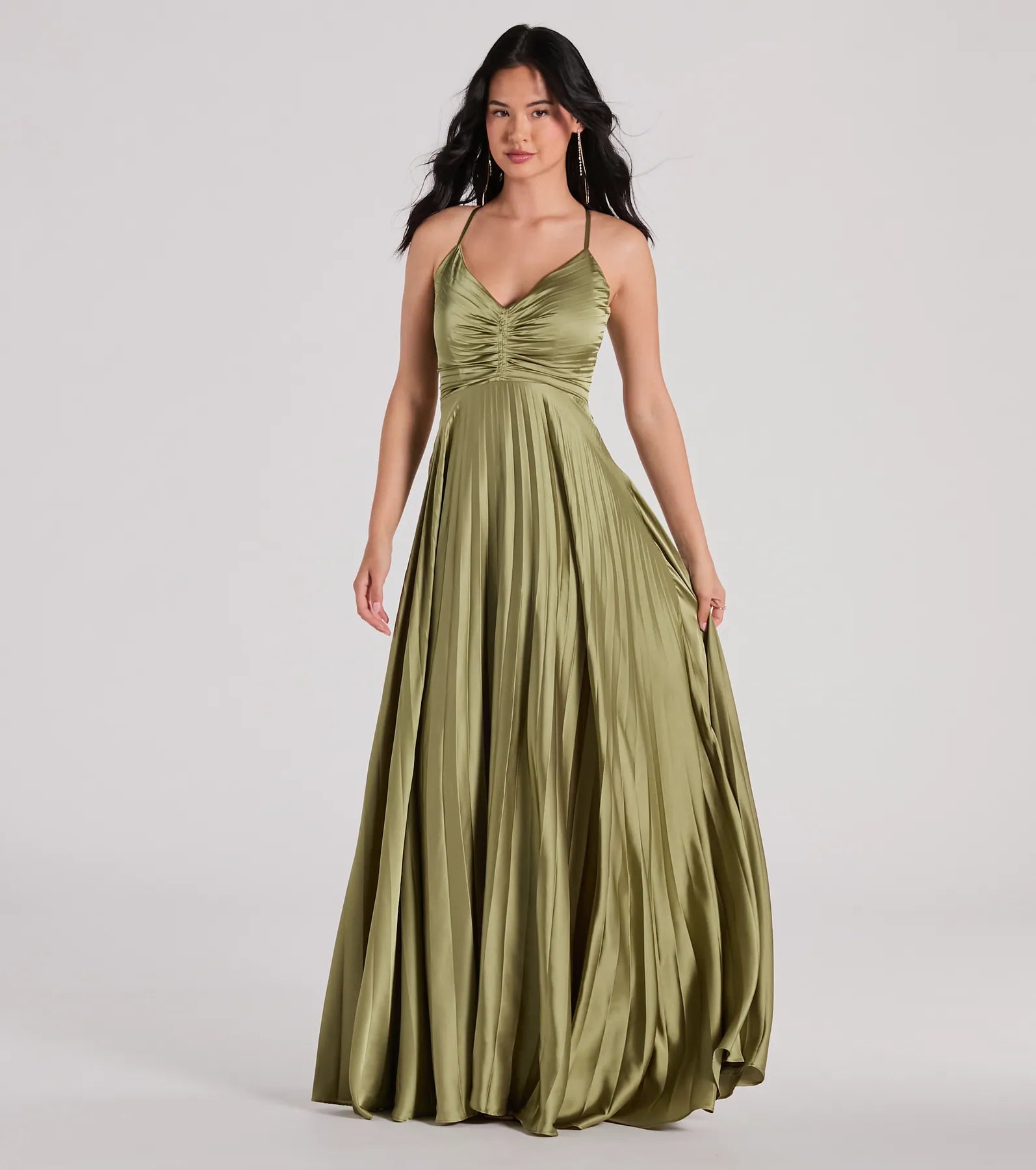 Charlie Luxe Lace-Up A-Line Pleated Satin Evening Gown