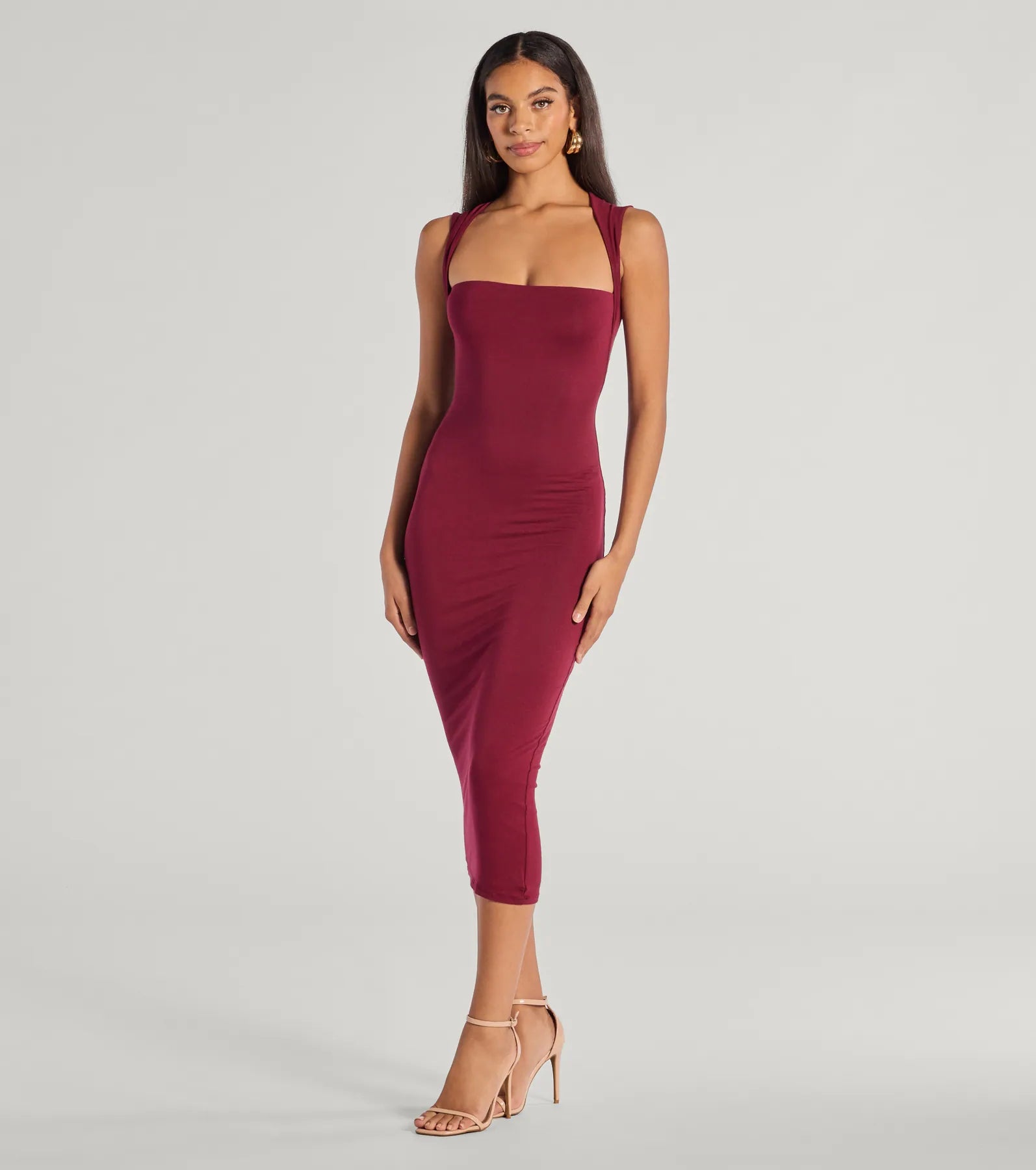 Premium Square Neck Bodycon Midi Dress - Ultimate Elegance