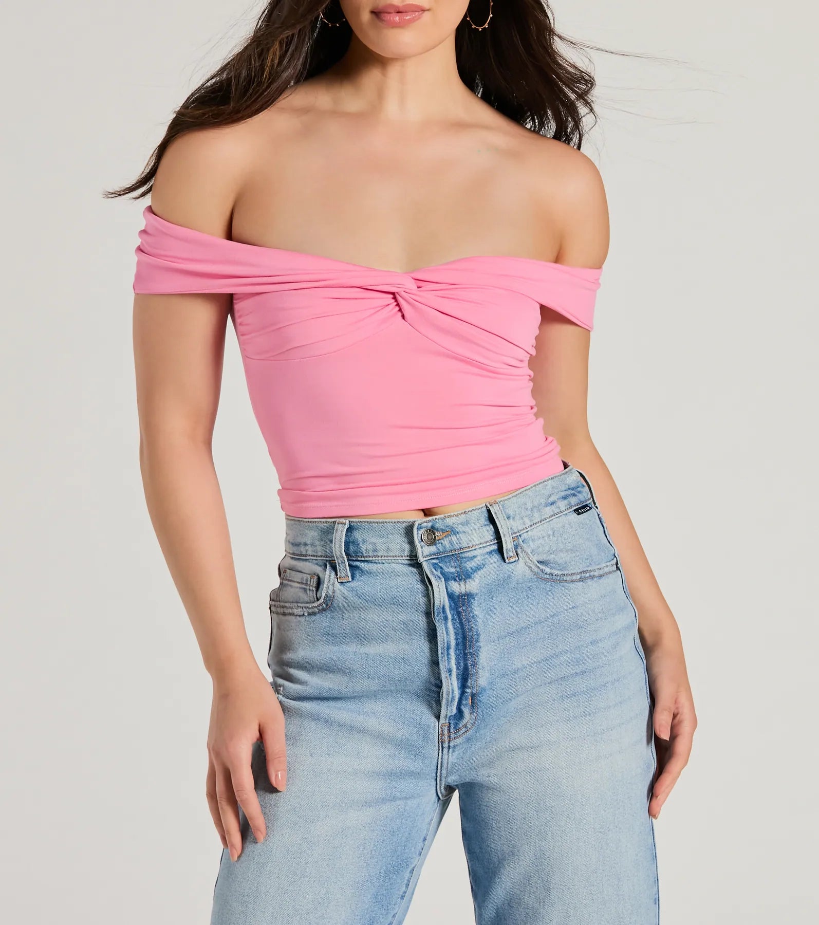 Ultimate Trendy Twist-Front Off-The-Shoulder Crop Top