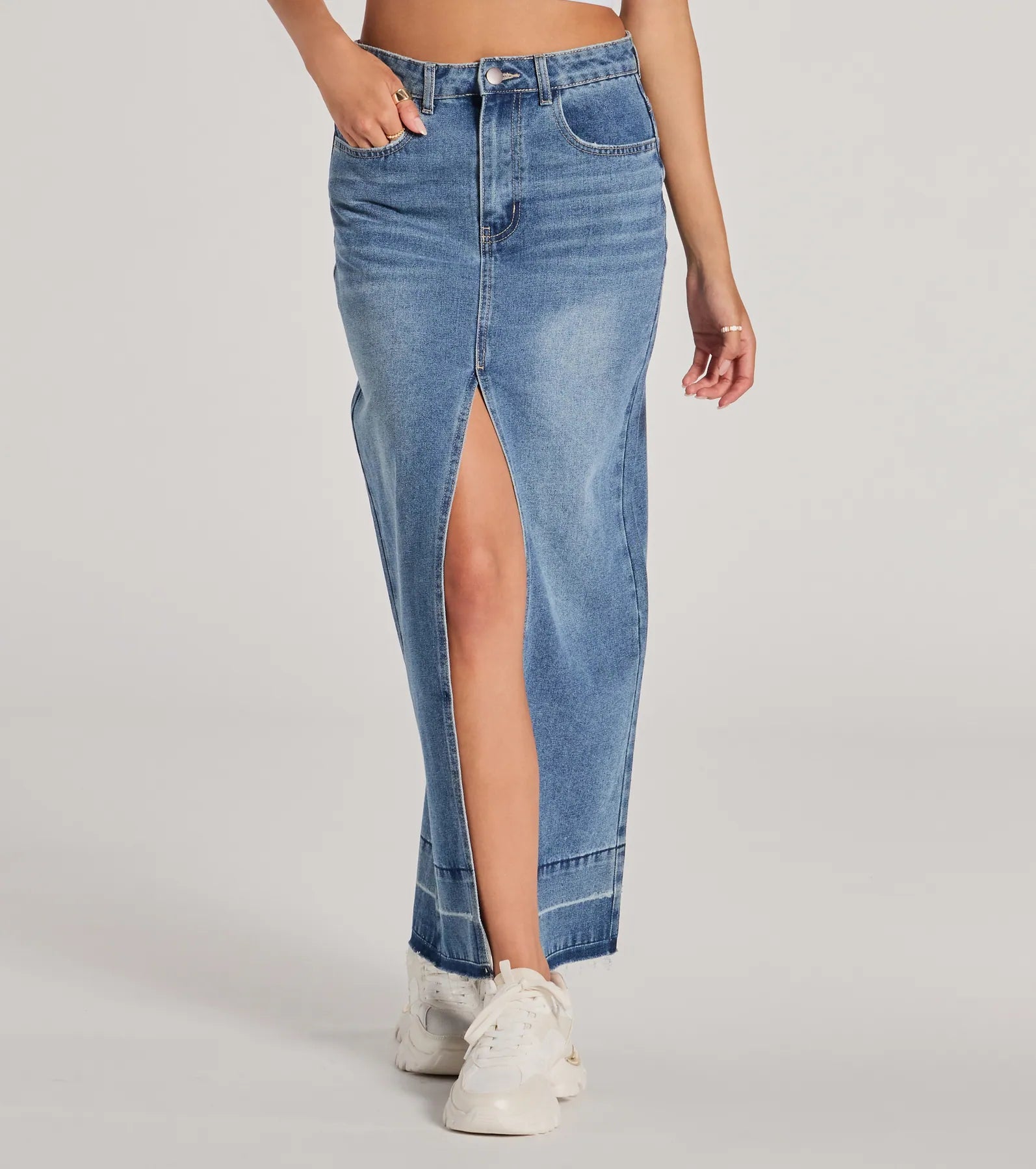 Ultimate Vibe High Slit Denim Maxi Skirt