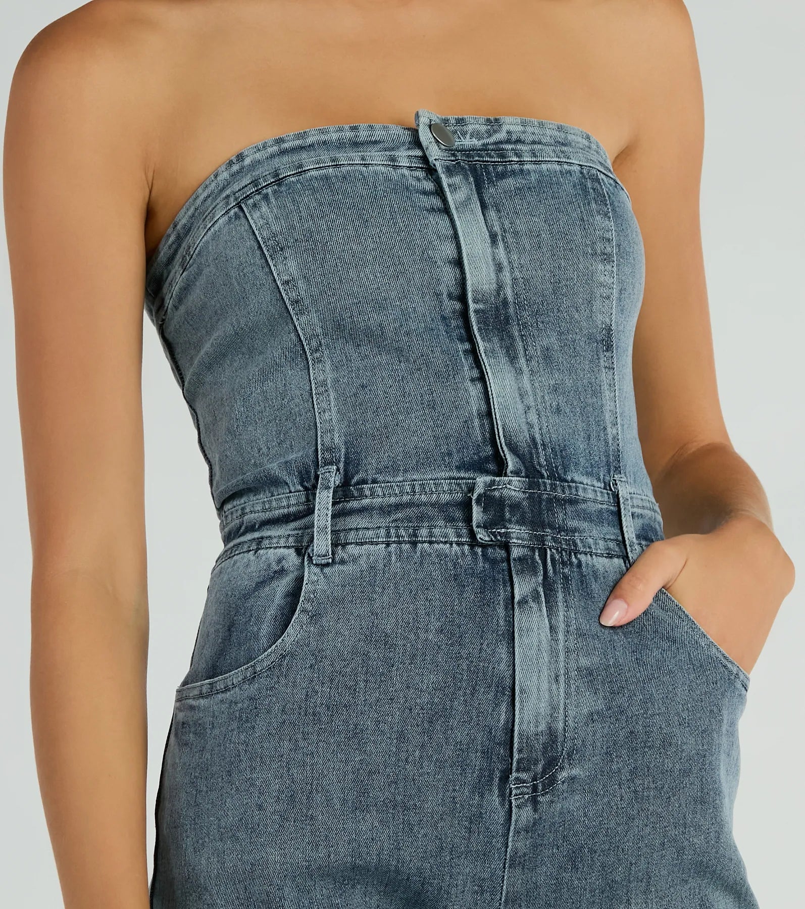 Ultimate Retro Strapless Denim Jumpsuit - Premium Flare Design