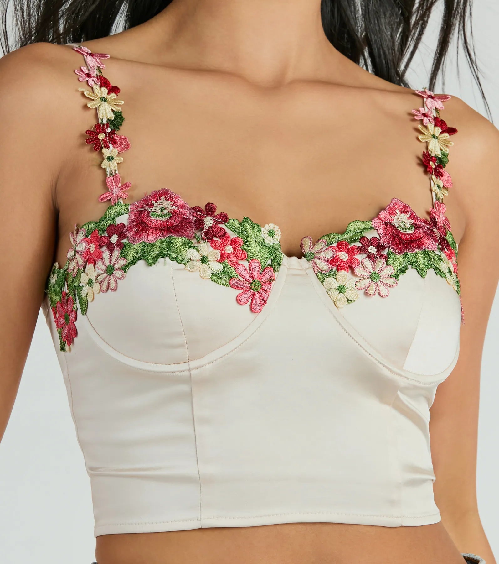 Premium Floral Applique Satin Crop Top - Ultimate Evening Style