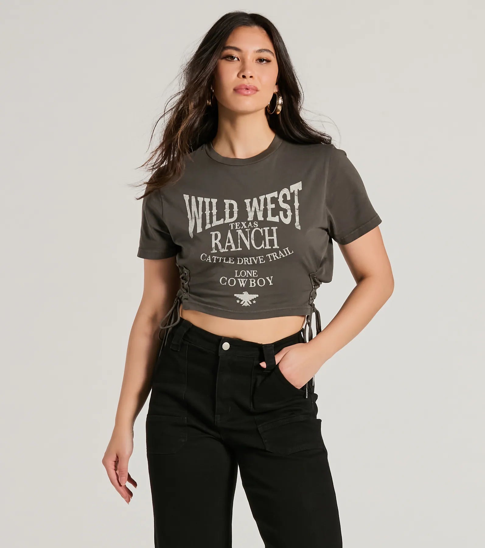 Premium Wild West Lace-Up Crop Graphic Tee - Ultimate Style Upgrade