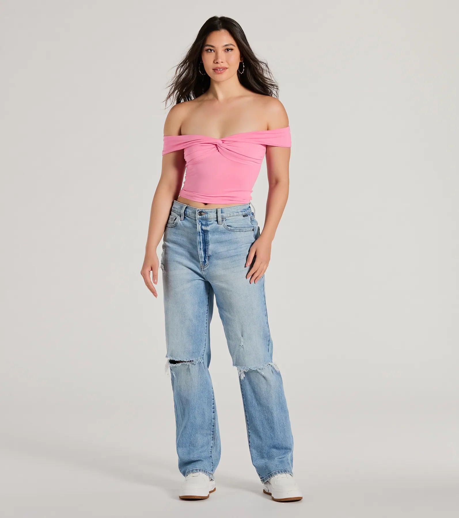 Ultimate Trendy Twist-Front Off-The-Shoulder Crop Top