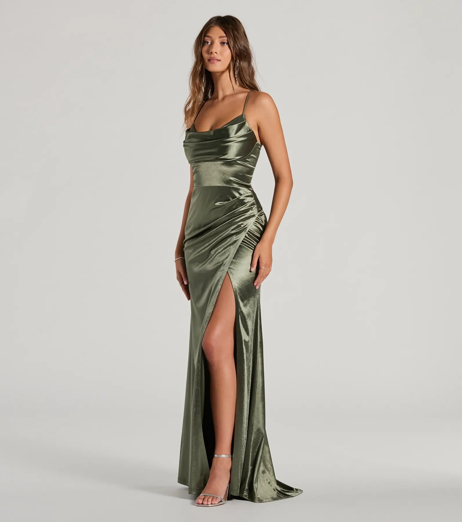 Premium Dani Cowl Neck Lace-Up Satin Evening Gown