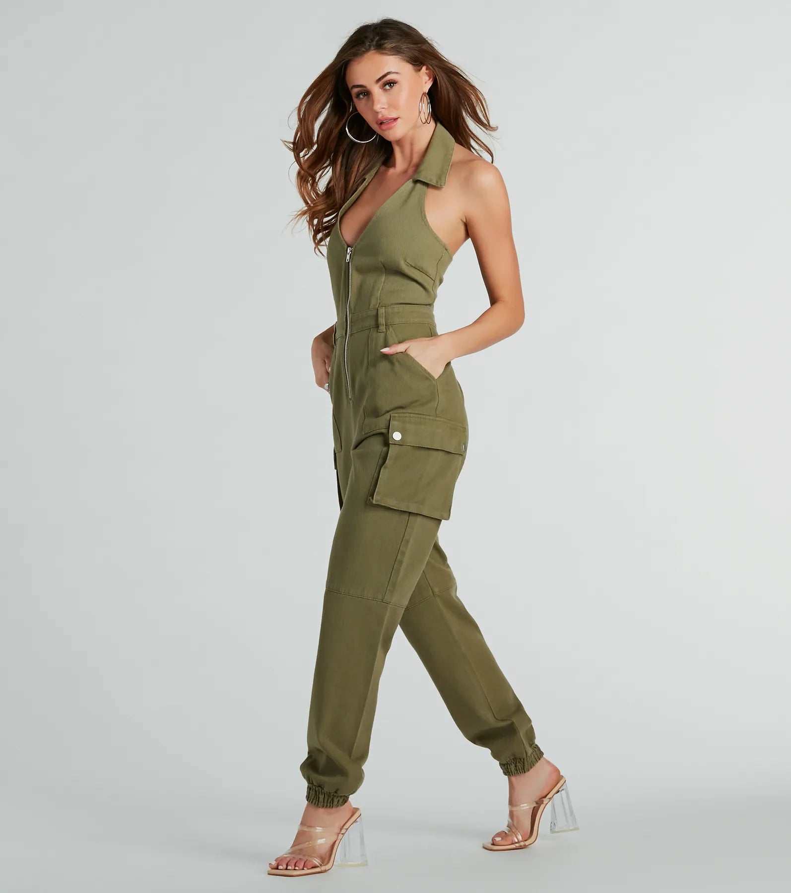 Ultimate Festival Ready Halter Cargo Jogger Denim Jumpsuit