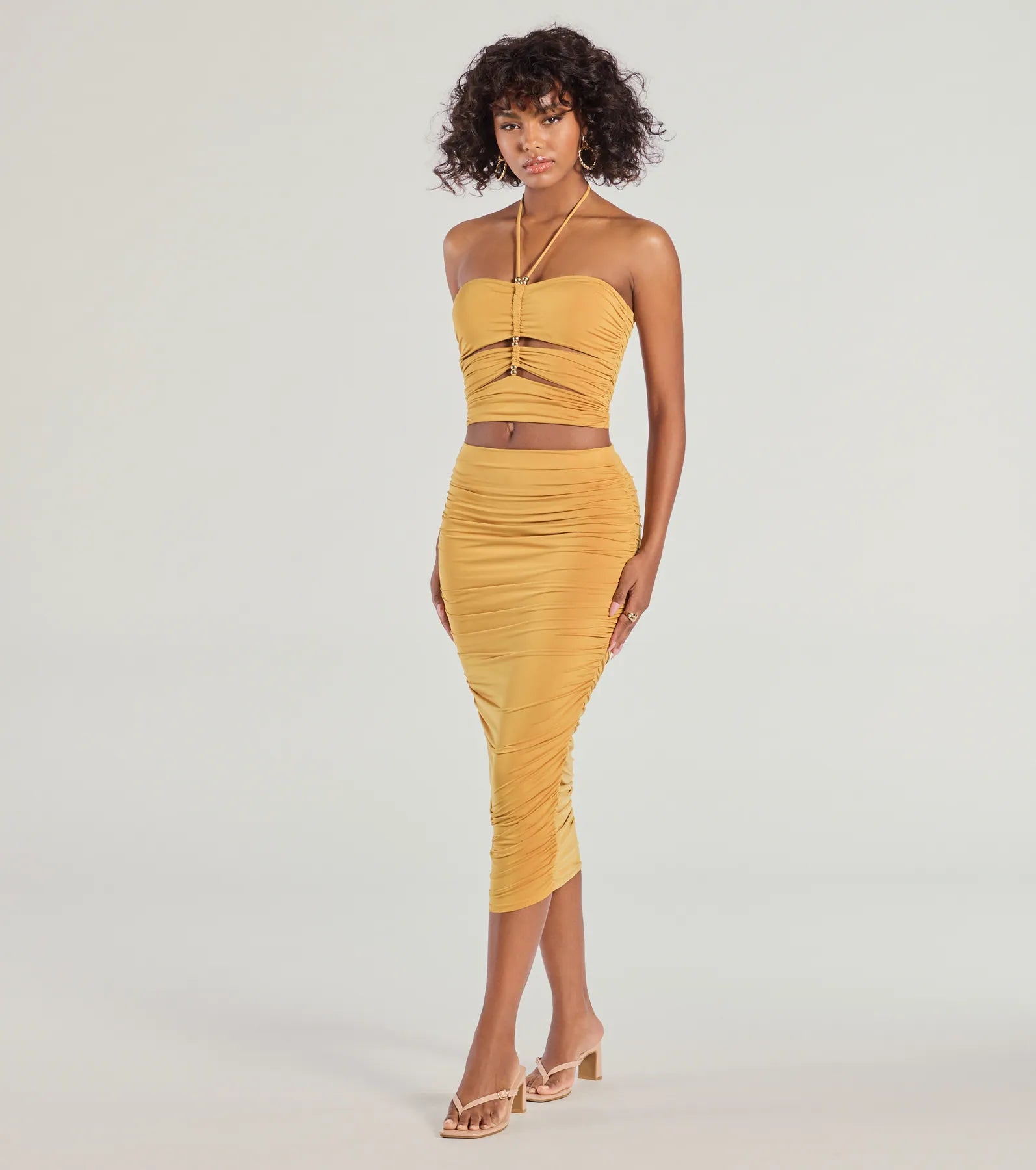 Premium Coastal Escape High Rise Ruched Midi Skirt