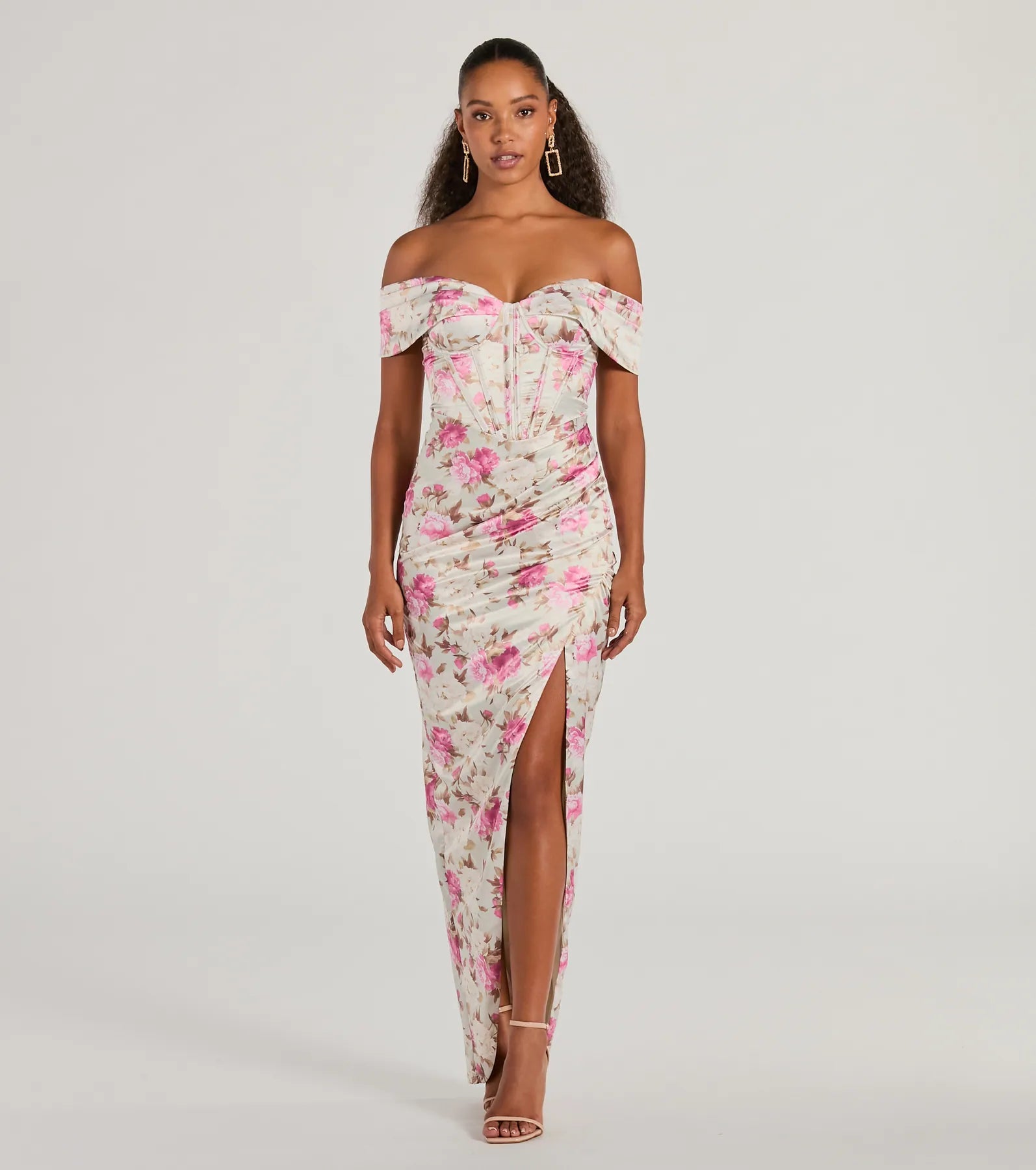 Premium Mildred Floral Satin Evening Dress - Off-The-Shoulder Elegance