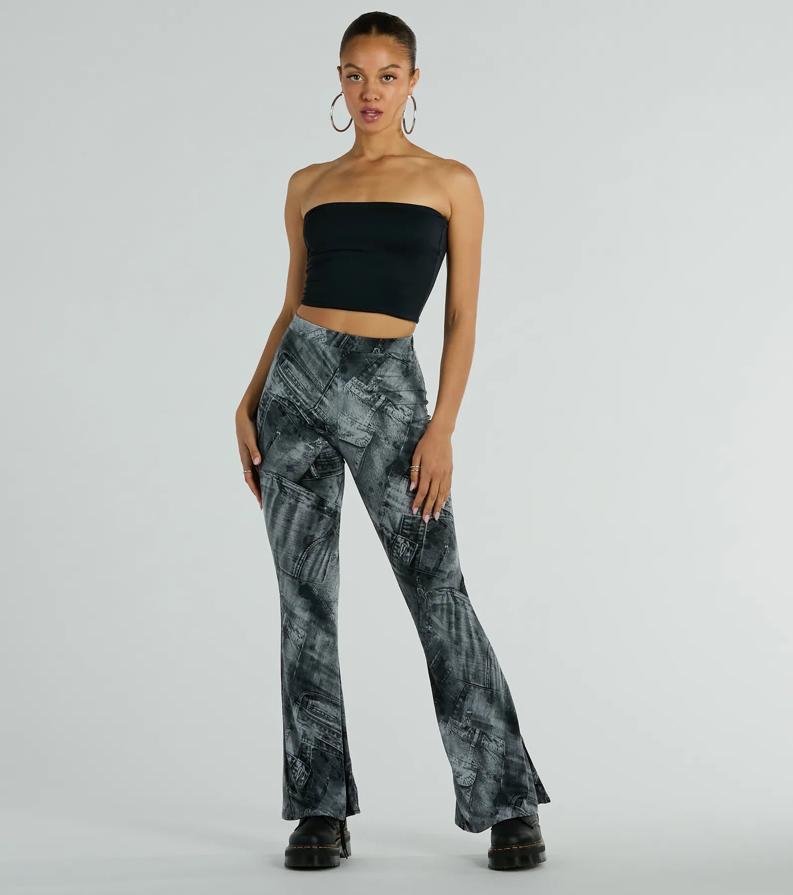 Premium High-Rise Denim Print Flare Pants - Ultimate Comfort & Style