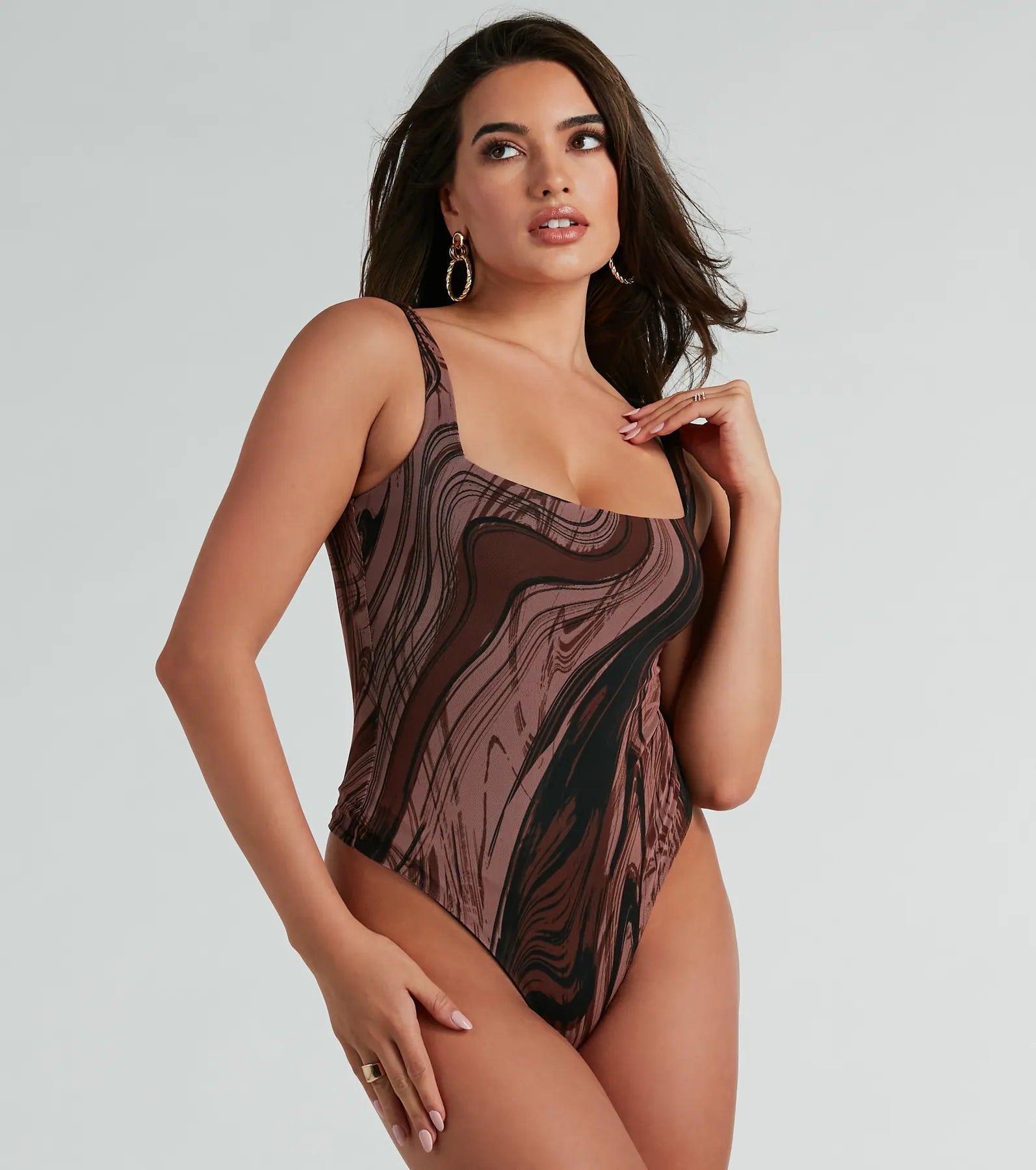 Premium Artistic Impulse Sleeveless Abstract Mesh Bodysuit - Ultimate Curve-Hugging Style