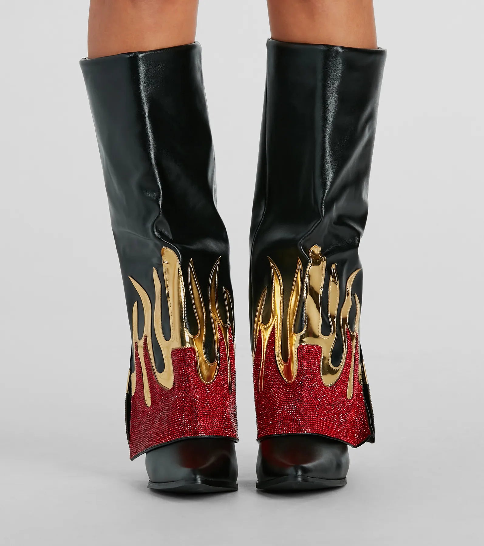 Ultimate Rhinestone Flame Fold-Over Boots - Premium Western Style