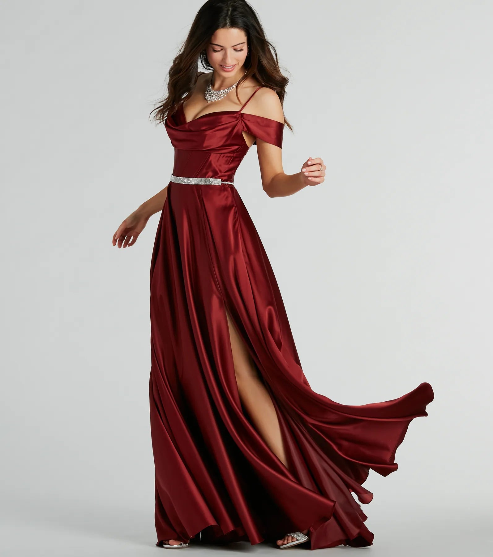 Premium Alira Satin Cold Shoulder A-Line Gown