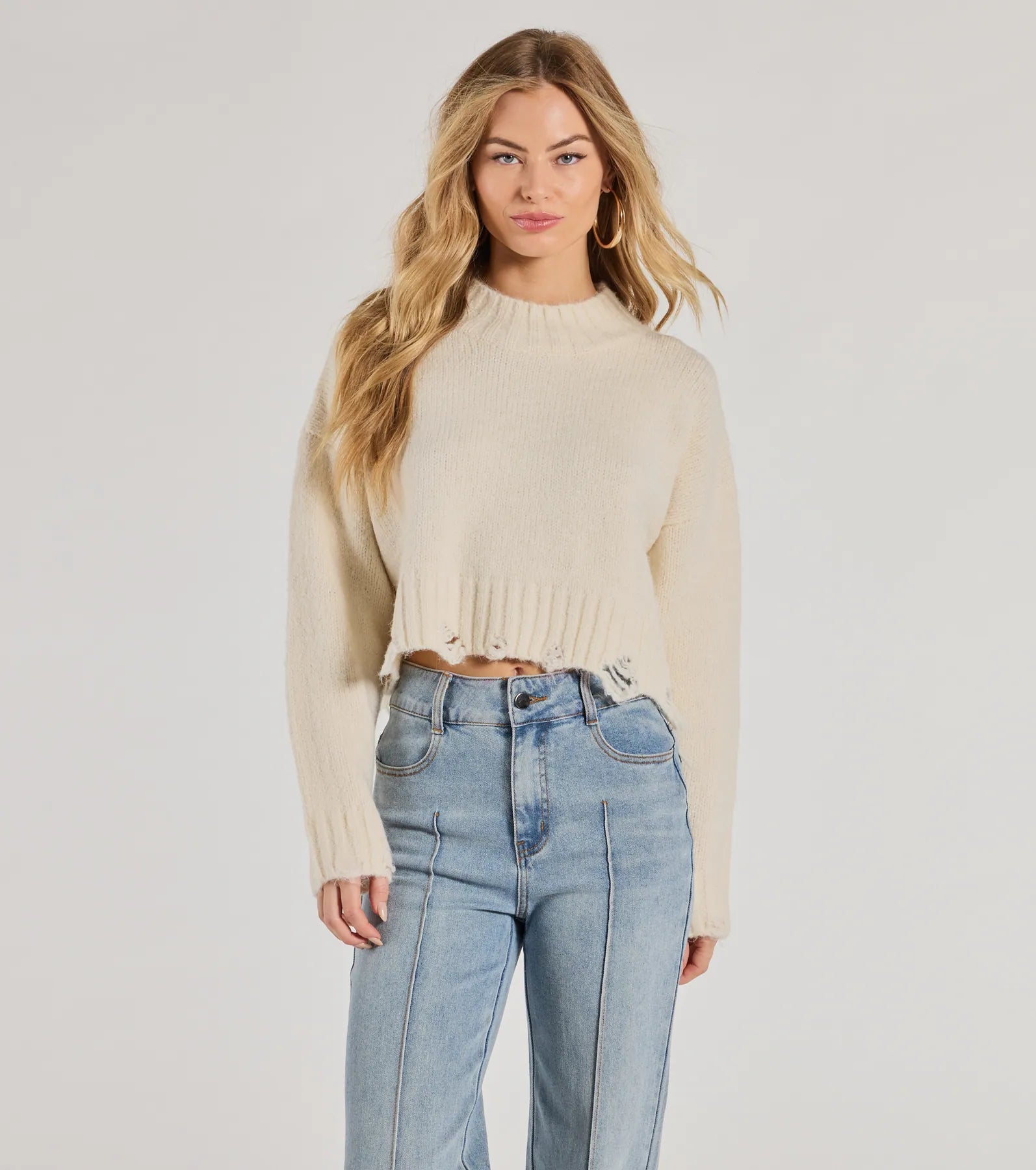 Premium Distressed Knit Mock Neck Sweater - Ultimate Comfort & Style