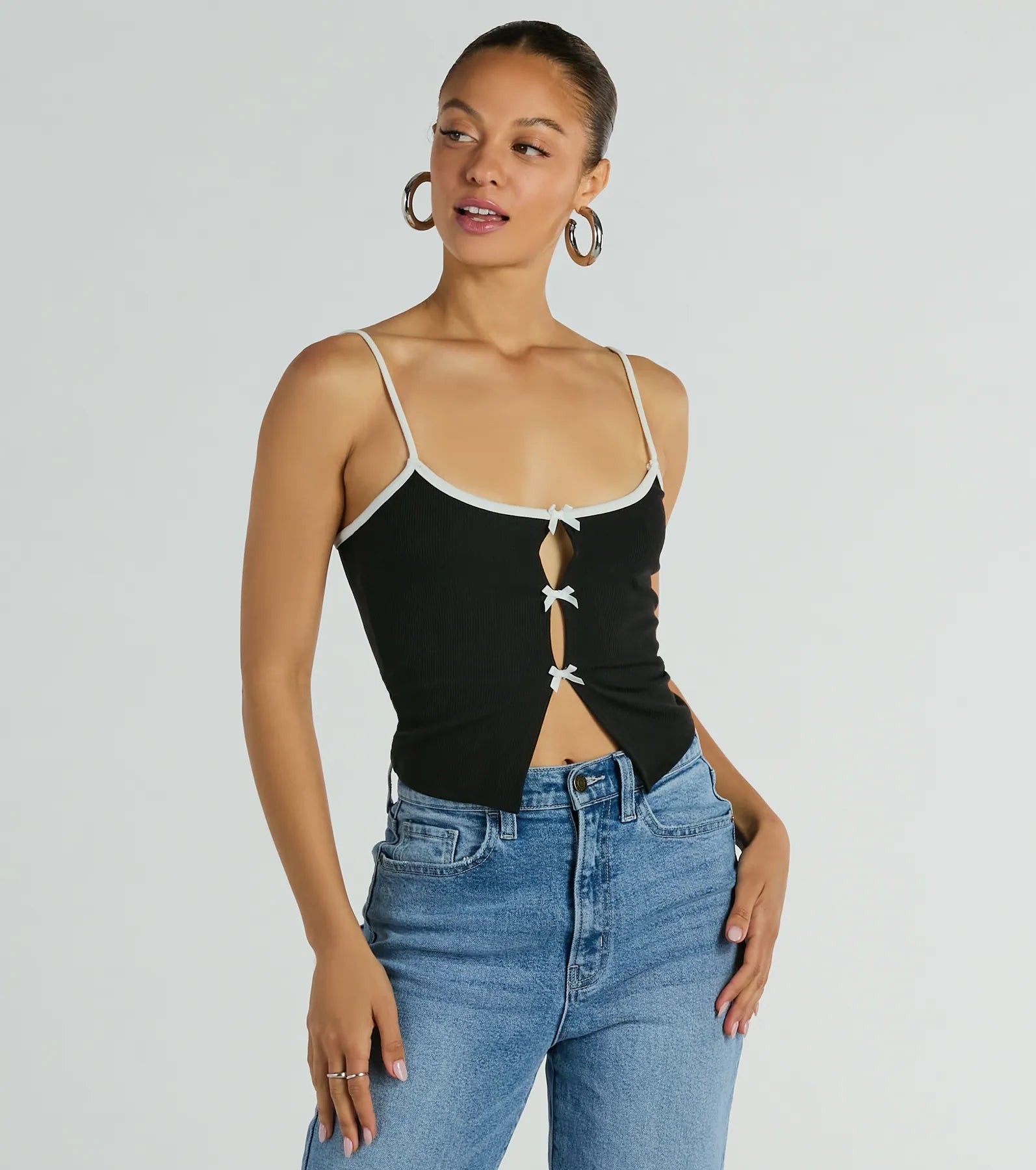 Ultimate Feminine Flair Bow Cutout Crop Top