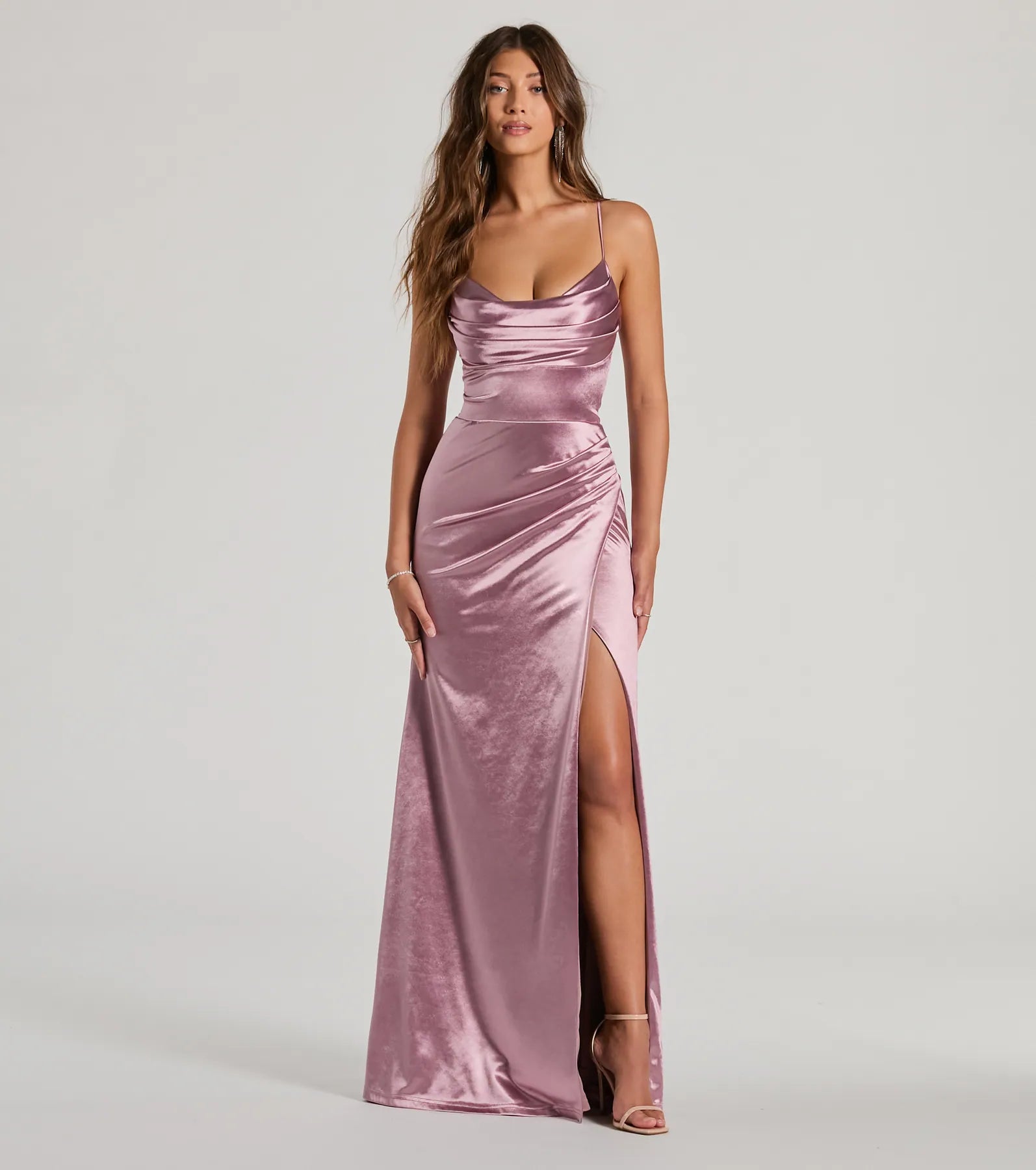 Premium Dani Cowl Neck Lace-Up Satin Evening Gown