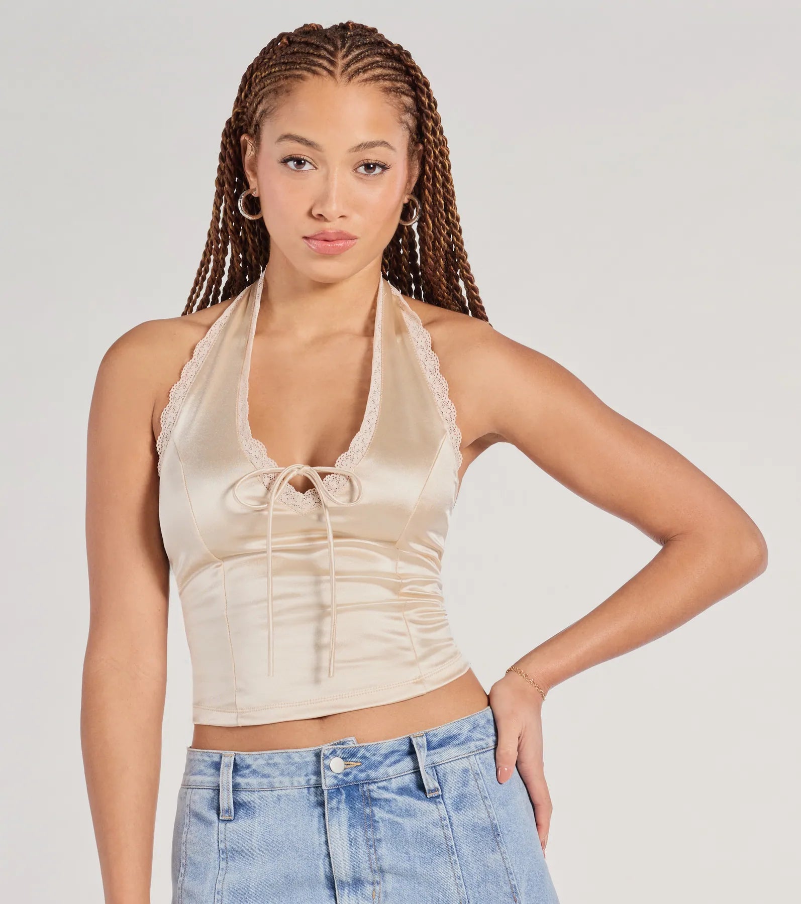 Premium Lace Halter Satin Crop Top - Ultimate Style Upgrade