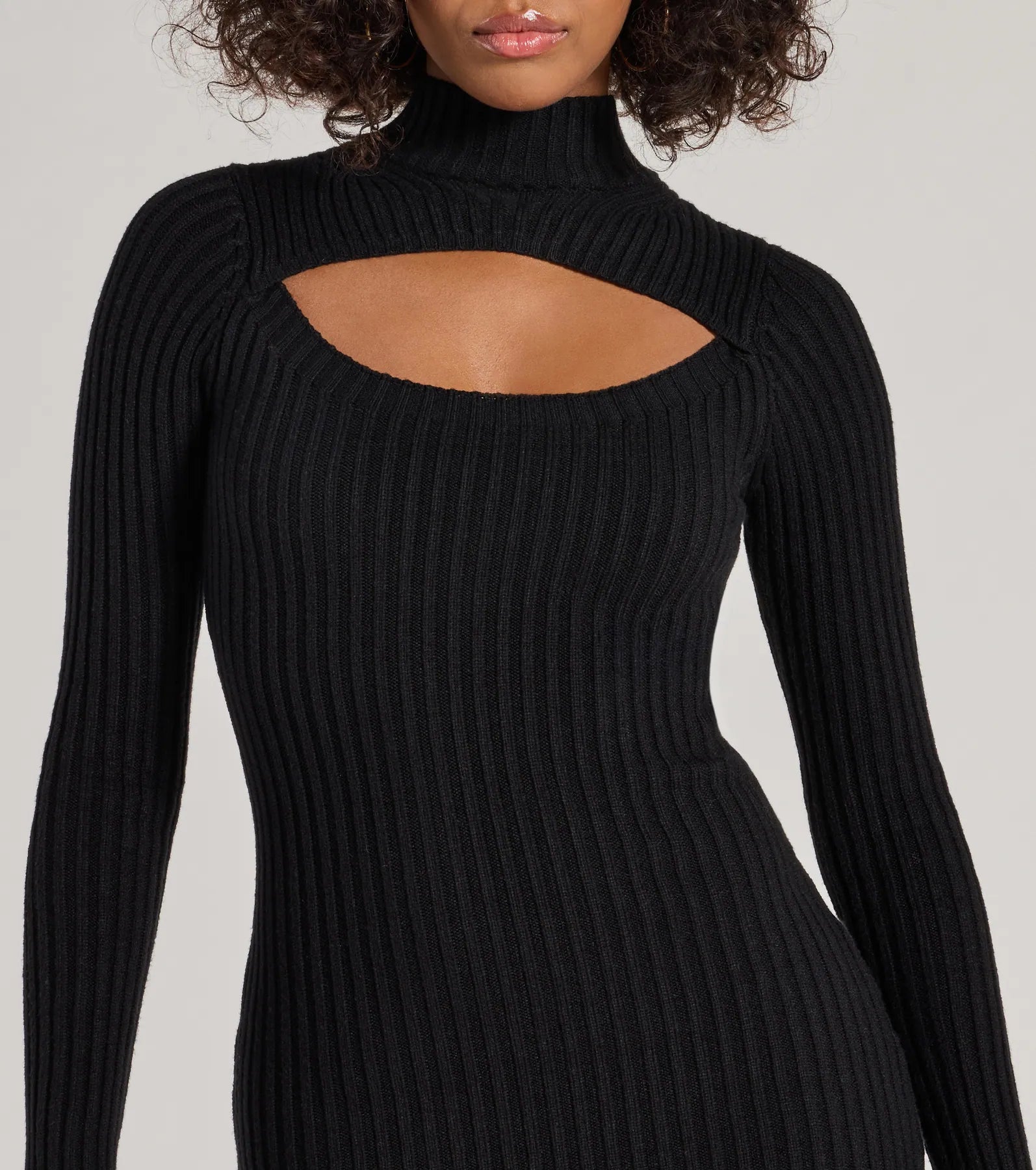 Ultimate Chic Season Mock Neck Cutout Ribbed Knit Mini Dress