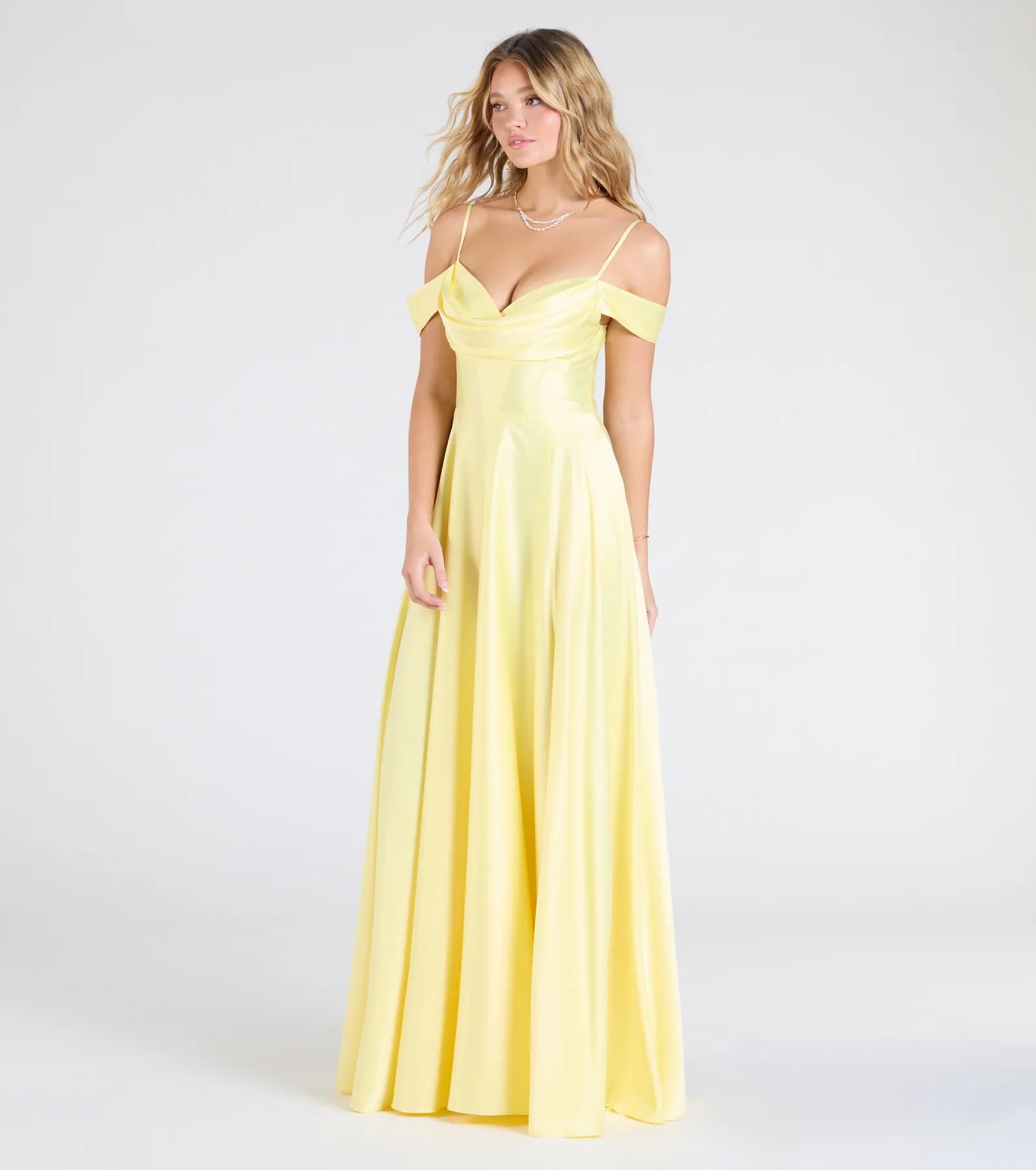 Premium Alira Satin Cold Shoulder A-Line Gown