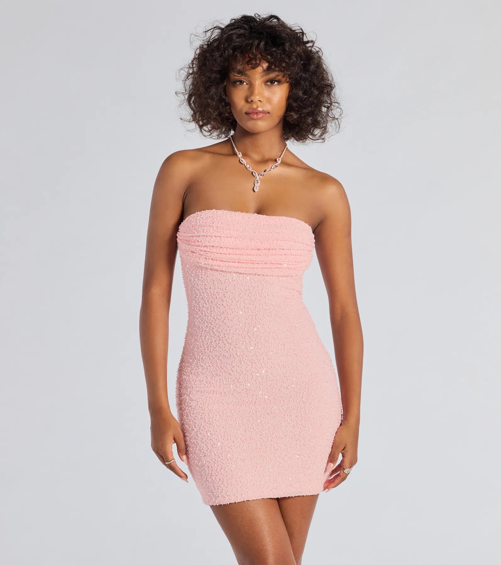 Premium Lena Strapless Bodycon Dress with Beaded Mesh Detail