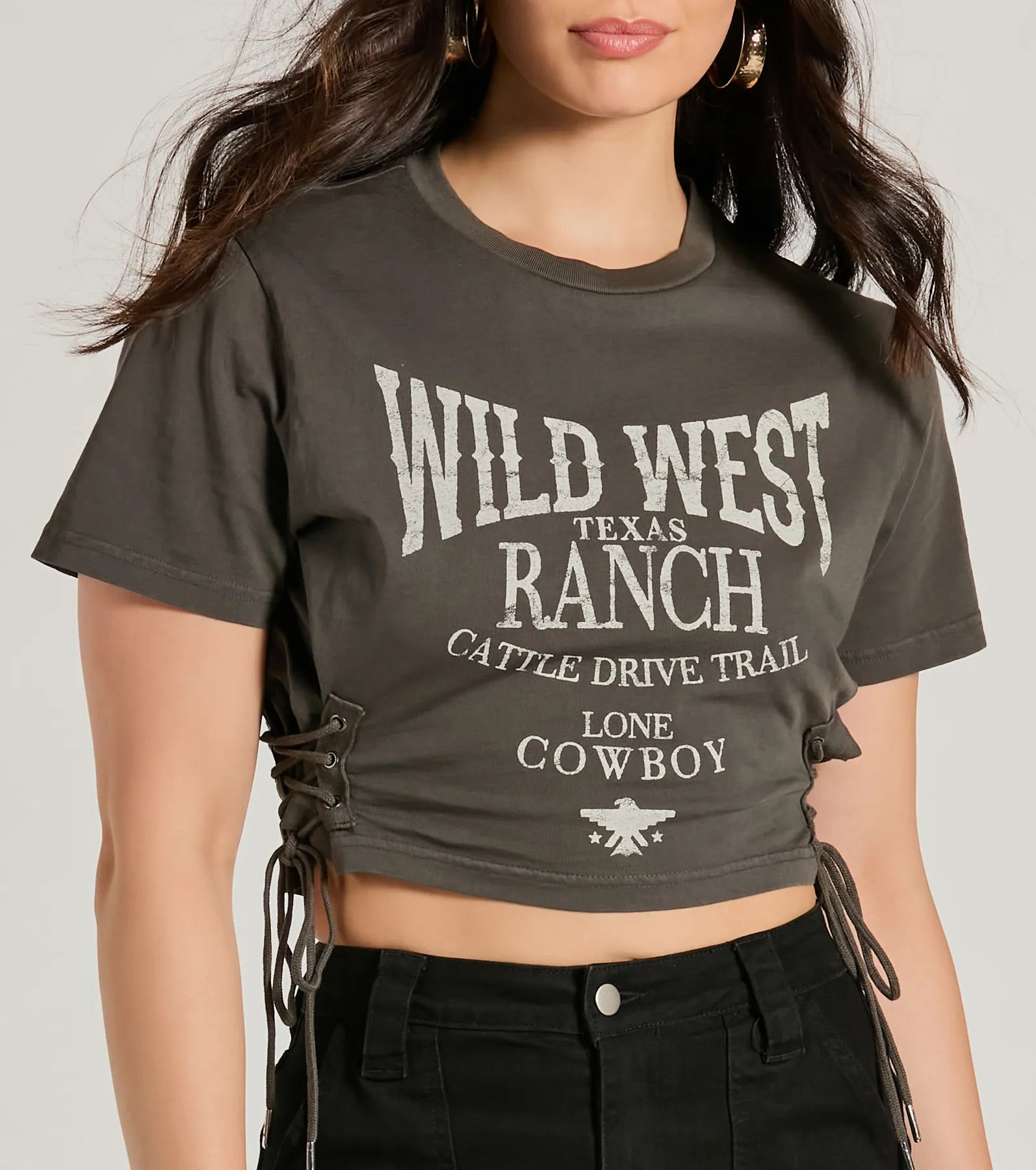 Premium Wild West Lace-Up Crop Graphic Tee - Ultimate Style Upgrade