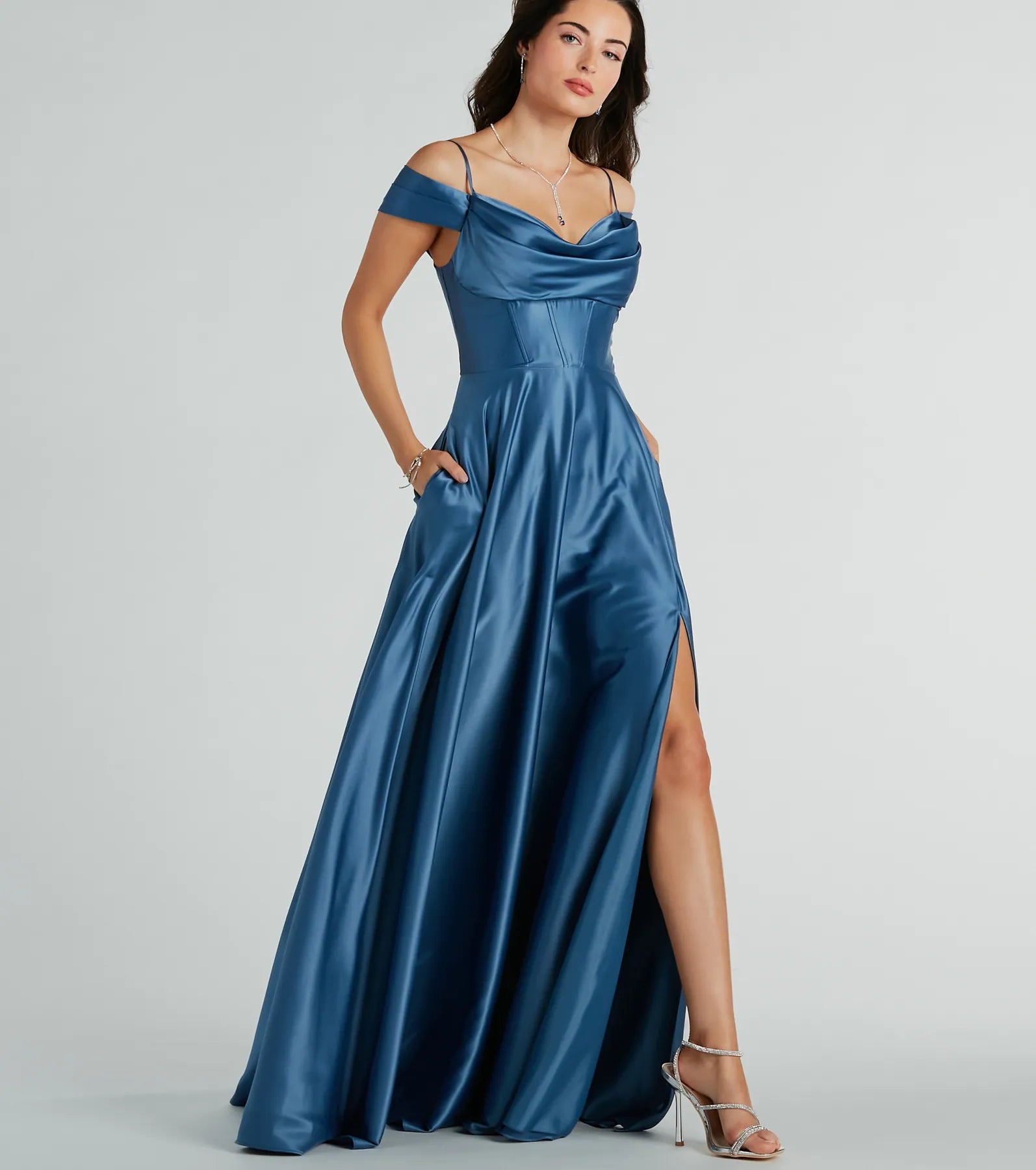 Premium Alira Satin Cold Shoulder A-Line Gown