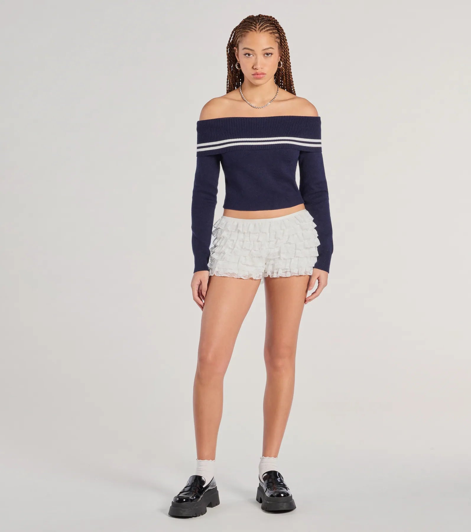 Ultimate Cruising Cutie Off-The-Shoulder Striped Knit Sweater Top