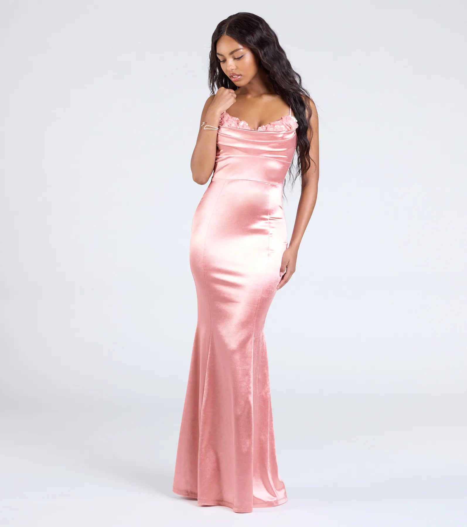 Premium Jackie Floral Sequin Satin Evening Gown