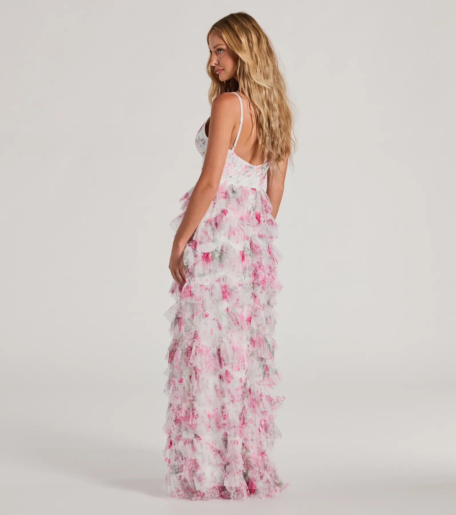 Premium Maisie V-Neck Ruffle Floral A-Line Evening Gown