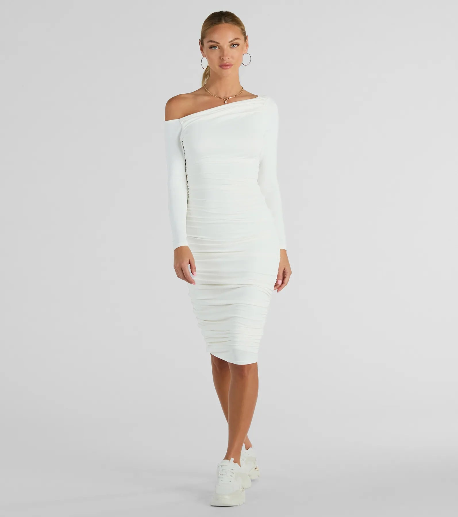 Ultimate Dinner Date Off-The-Shoulder Long Sleeve Midi Dress