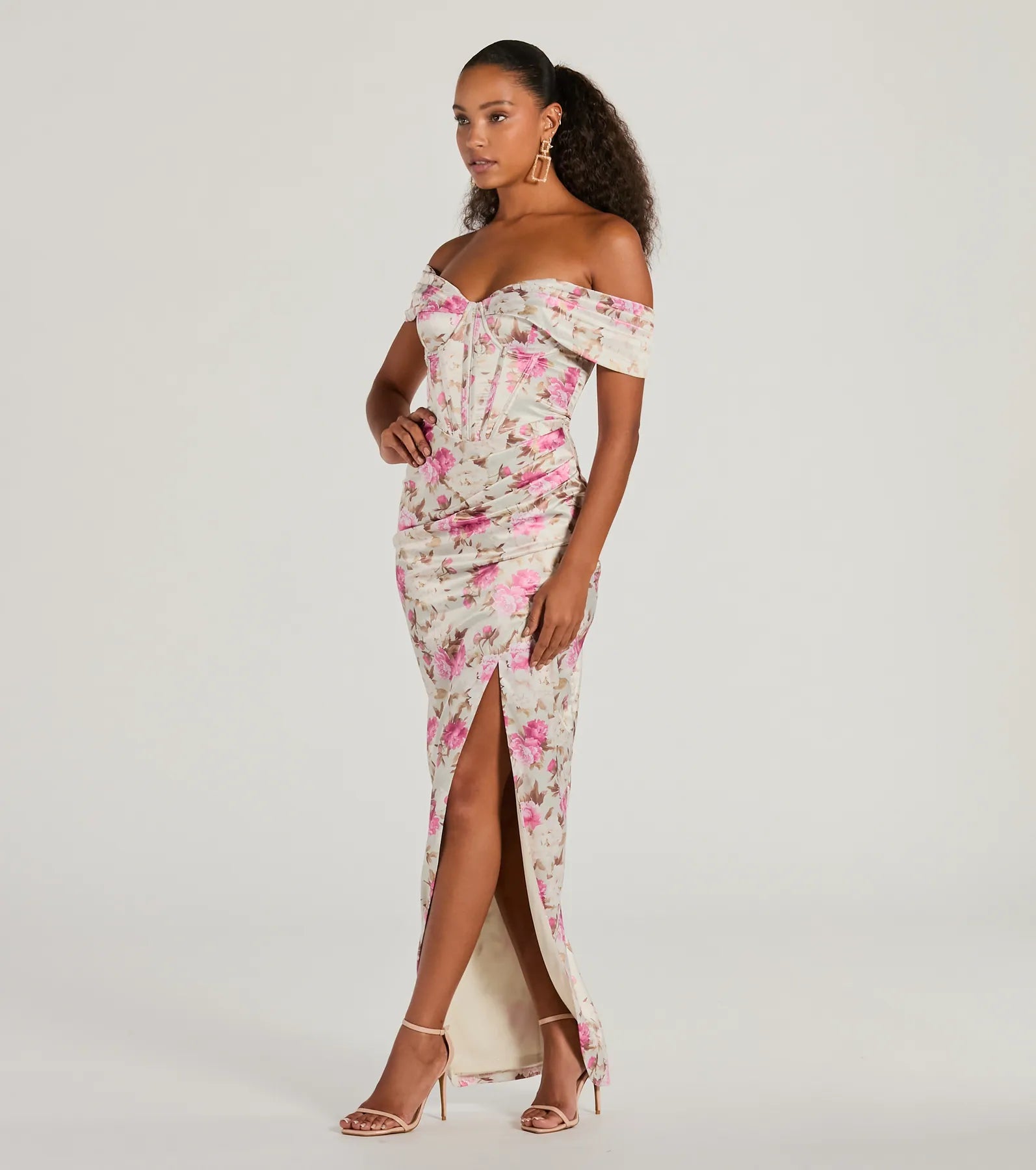 Premium Mildred Floral Satin Evening Dress - Off-The-Shoulder Elegance