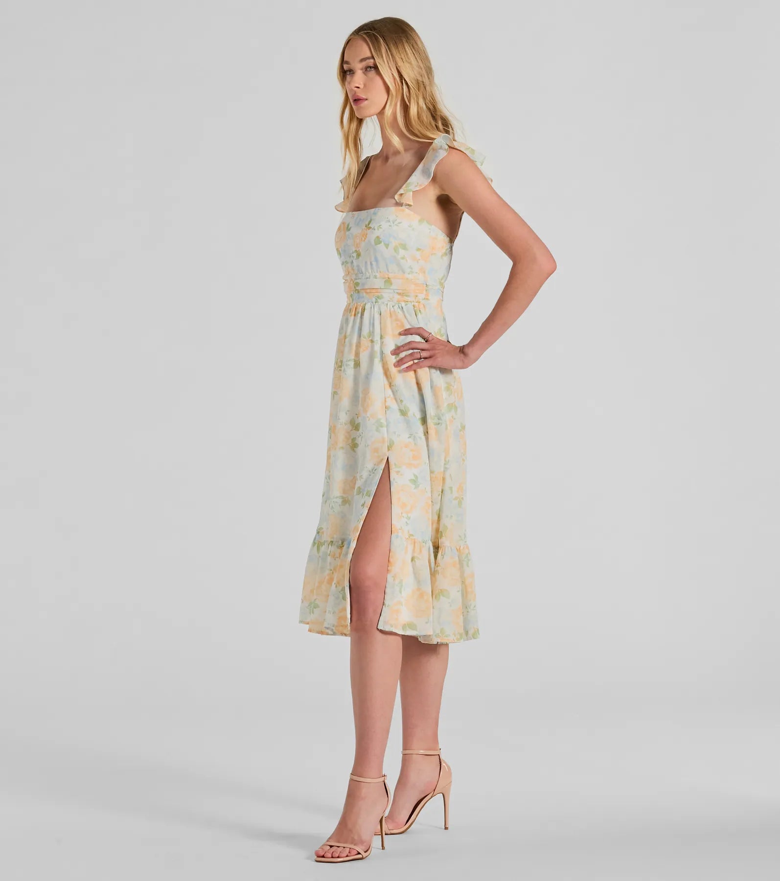 Ultimate Elegance Ruffled Floral Chiffon Midi Dress