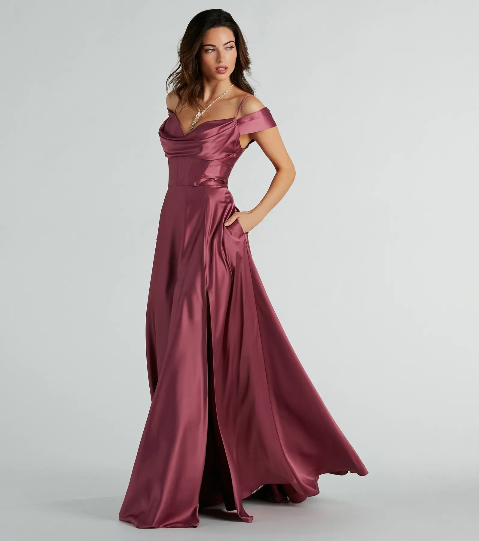 Premium Alira Satin Cold Shoulder A-Line Gown