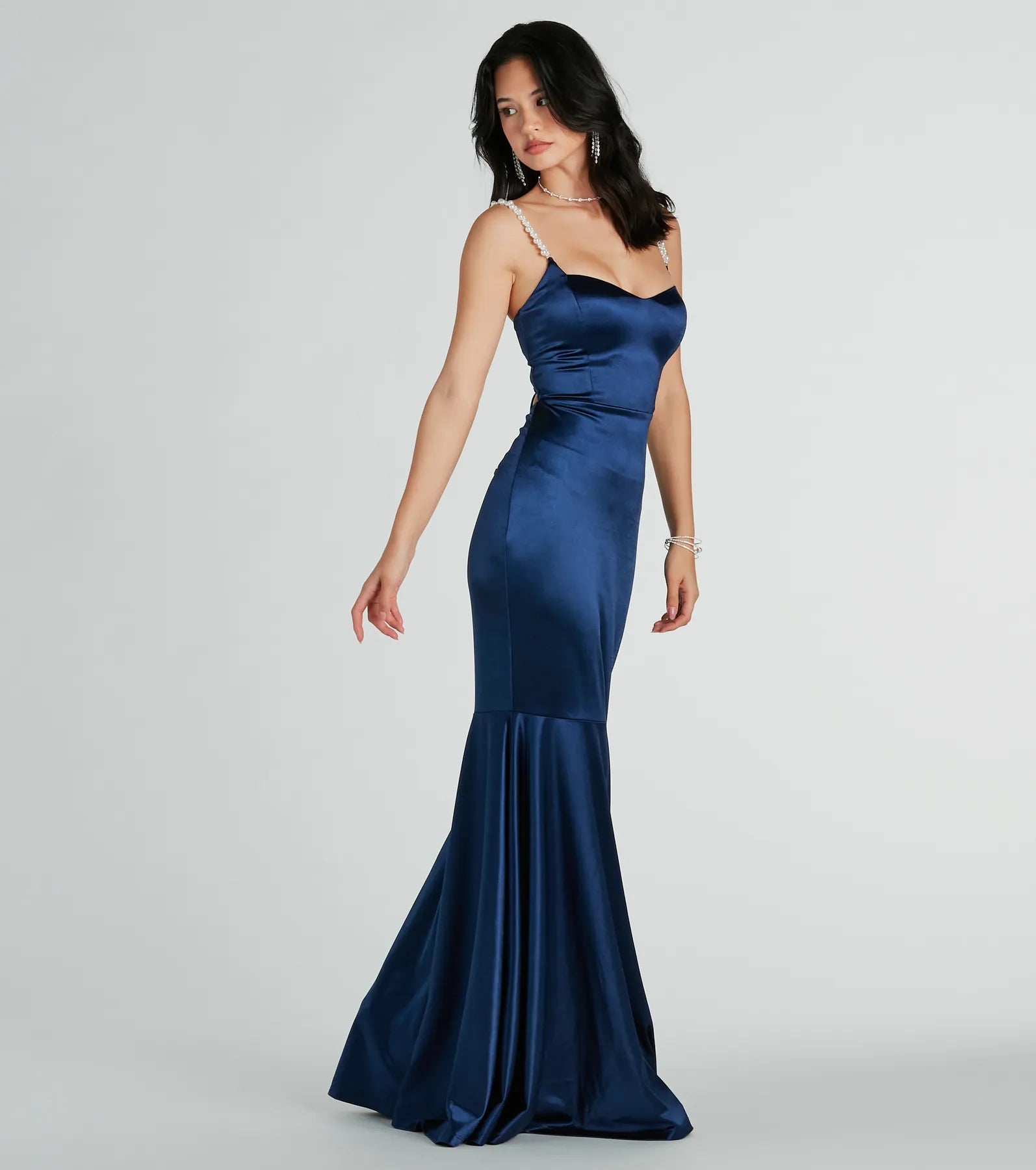 Premium Devina Elegance Satin Lace-Up Gown with Faux Pearls