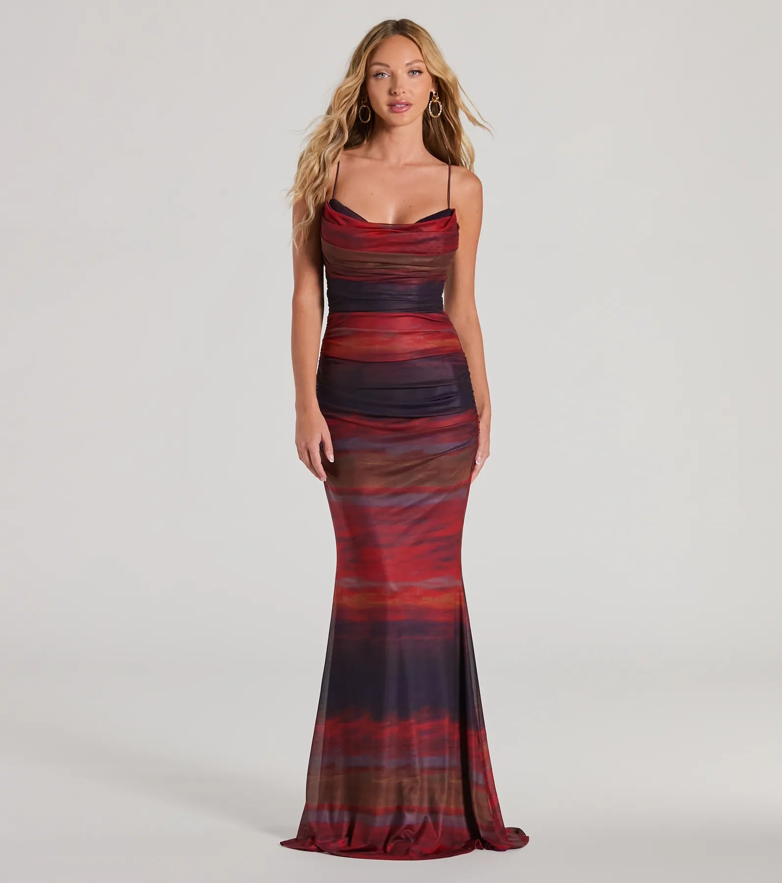 Premium Liv Abstract Mermaid Gown - Elegant Cowl Neck Formal Dress