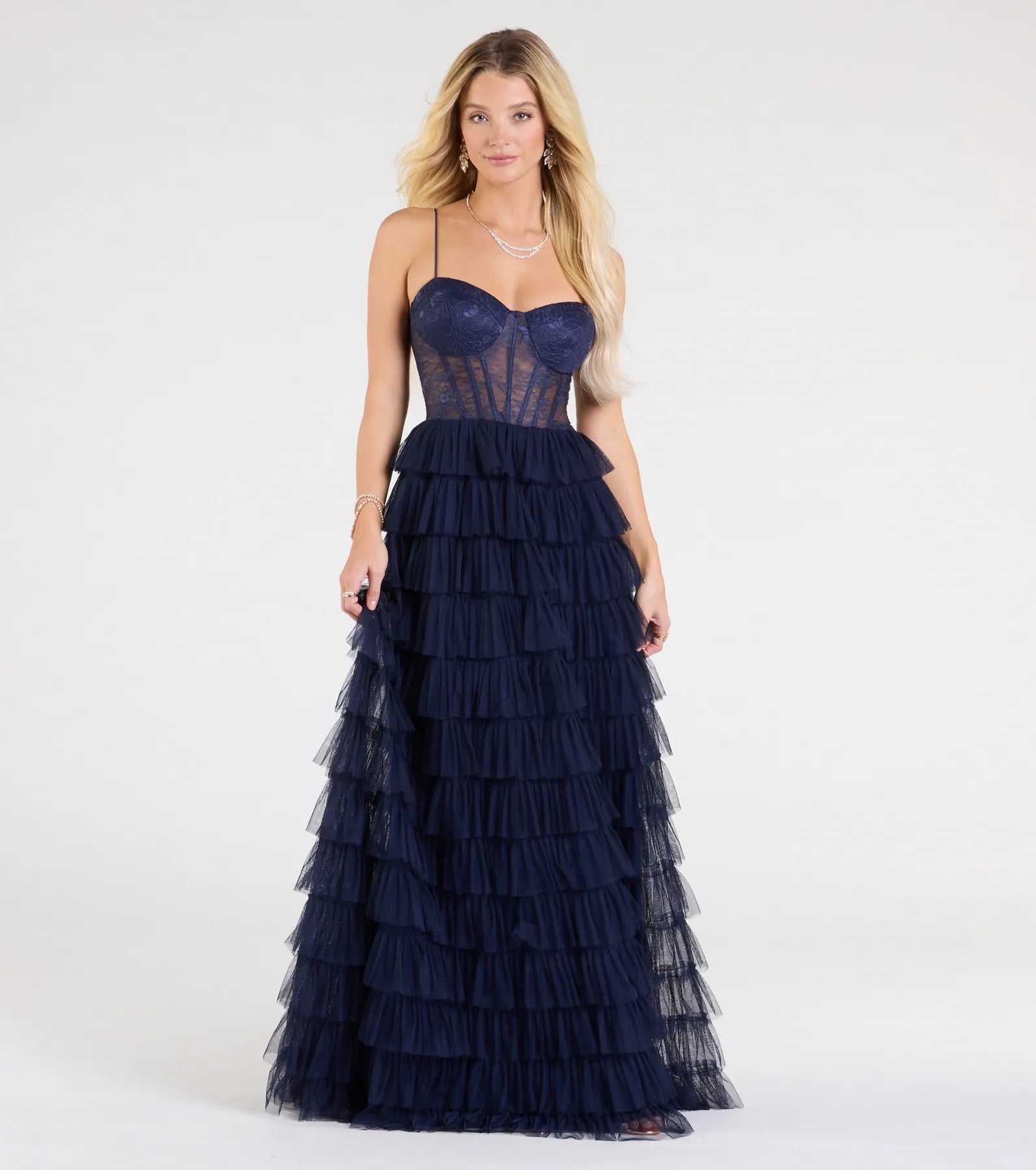 Ultimate Ally Corset Ruffled Lace Formal Dress – Elegant A-Line Design