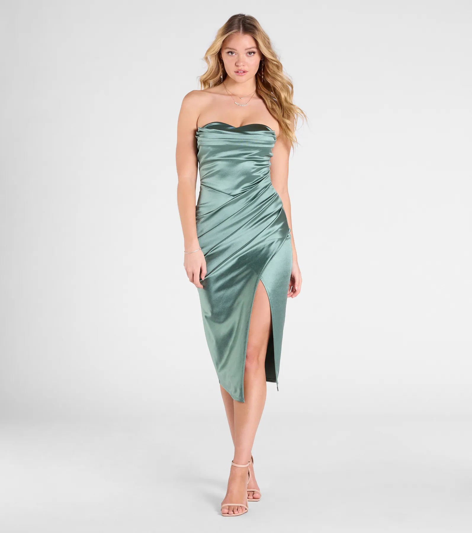 Premium Kaleen Sleeveless Satin Wrap Midi Dress - Elegant Evening Wear