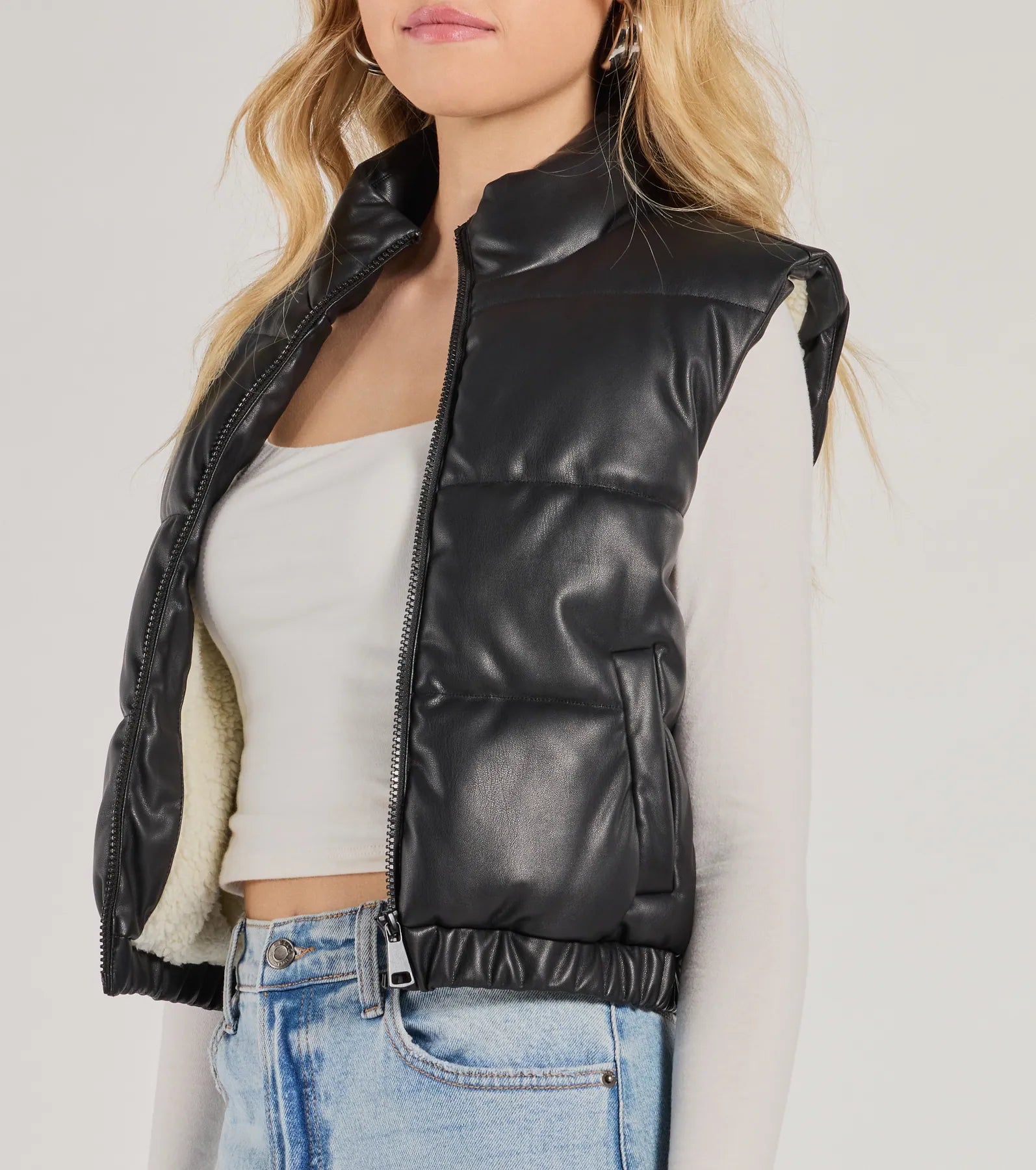 Ultimate Cuddle Glam Faux Leather Sherpa-Lined Puffer Vest