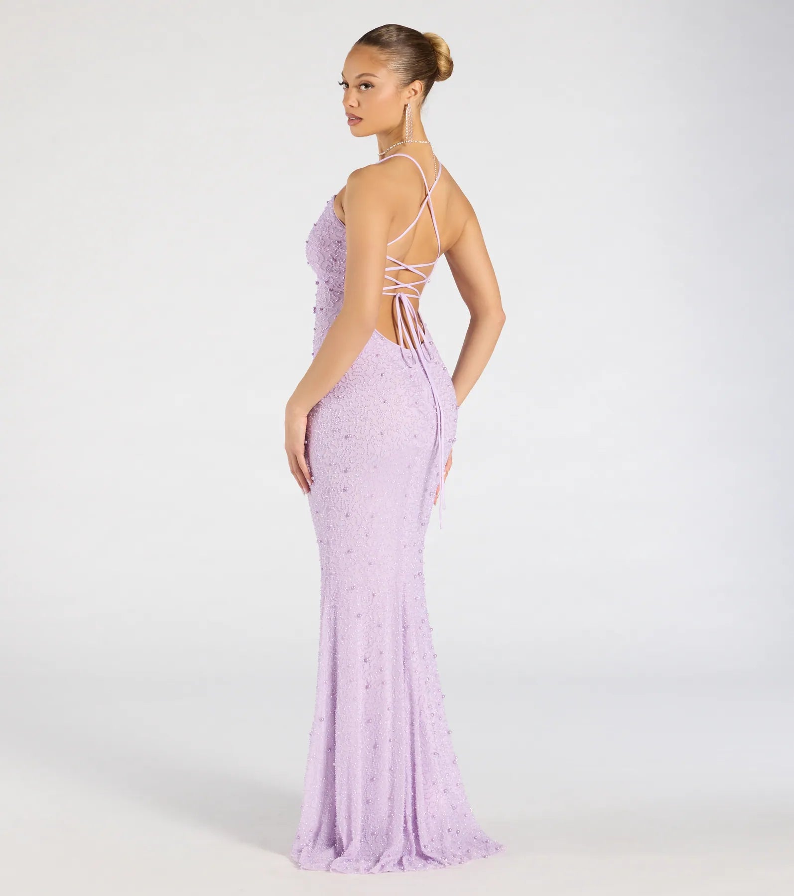 Premium Marlene Lace-Up Mermaid Gown with Beaded Pearl Accents