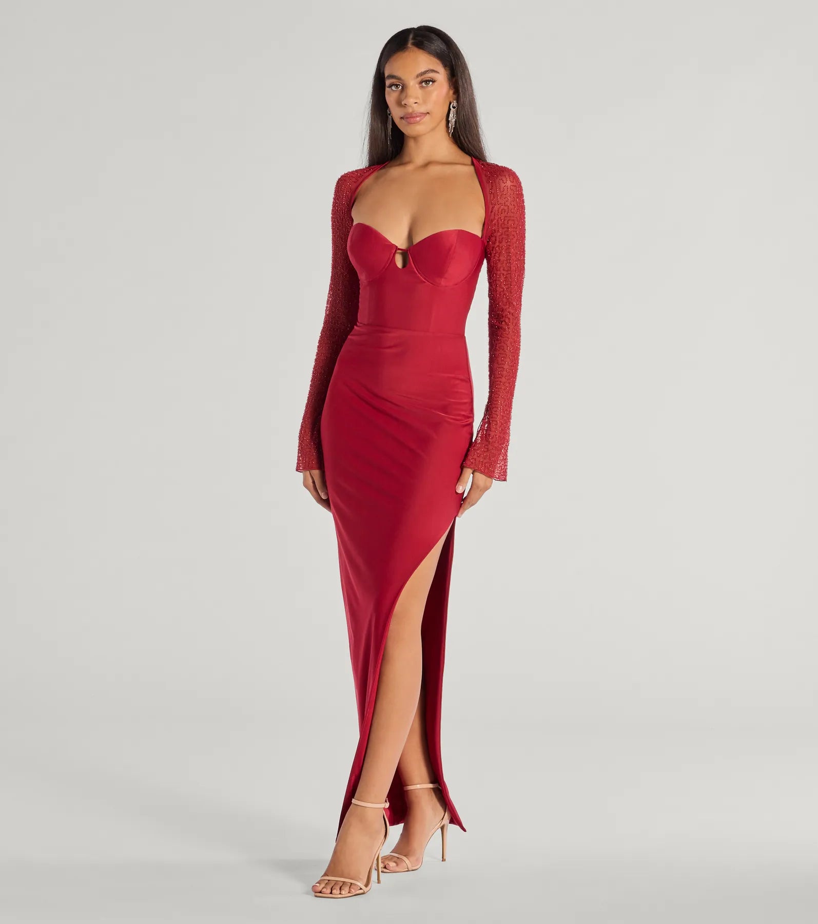 Premium Wren Beaded Long Sleeve High Slit Column Dress