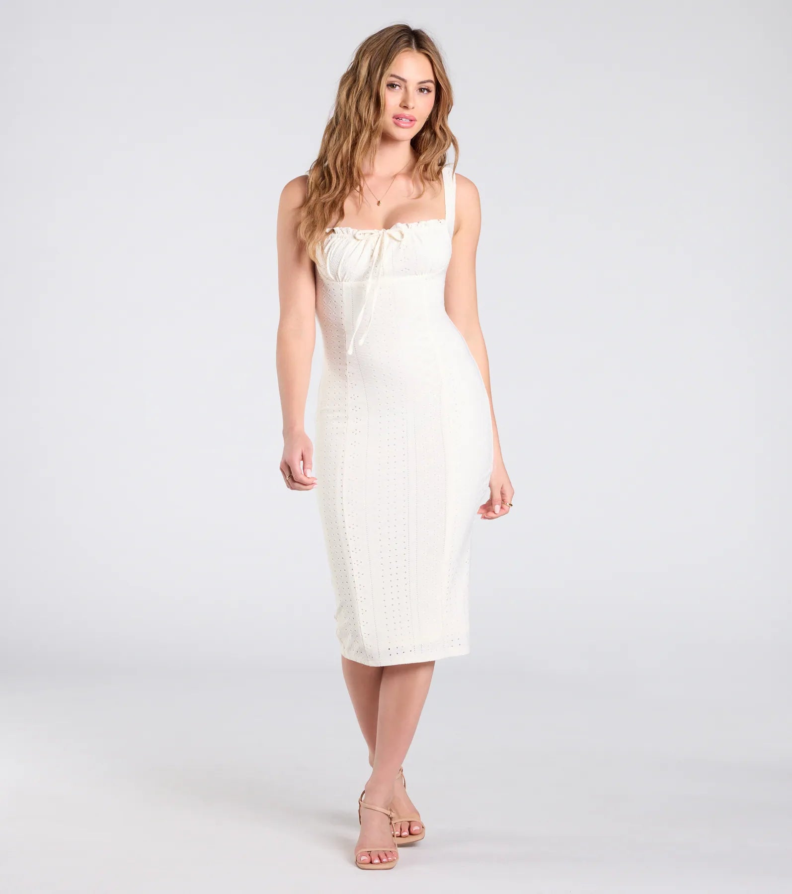 Premium Blissful Cutie Eyelet Bodycon Midi Dress - Ultimate Wedding & Brunch Style